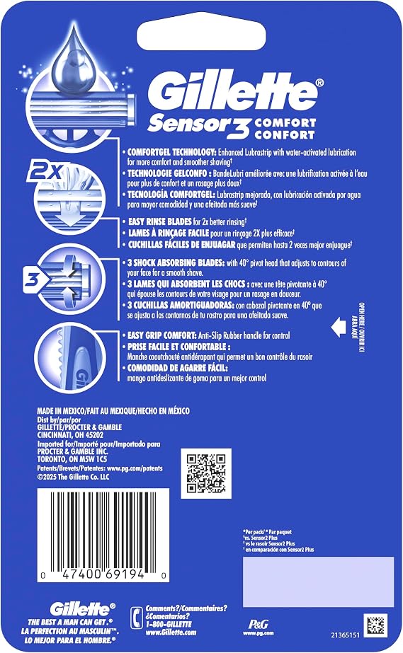 Gillette Sensor3 Comfort Men's Disposable Razors, 12 Razors