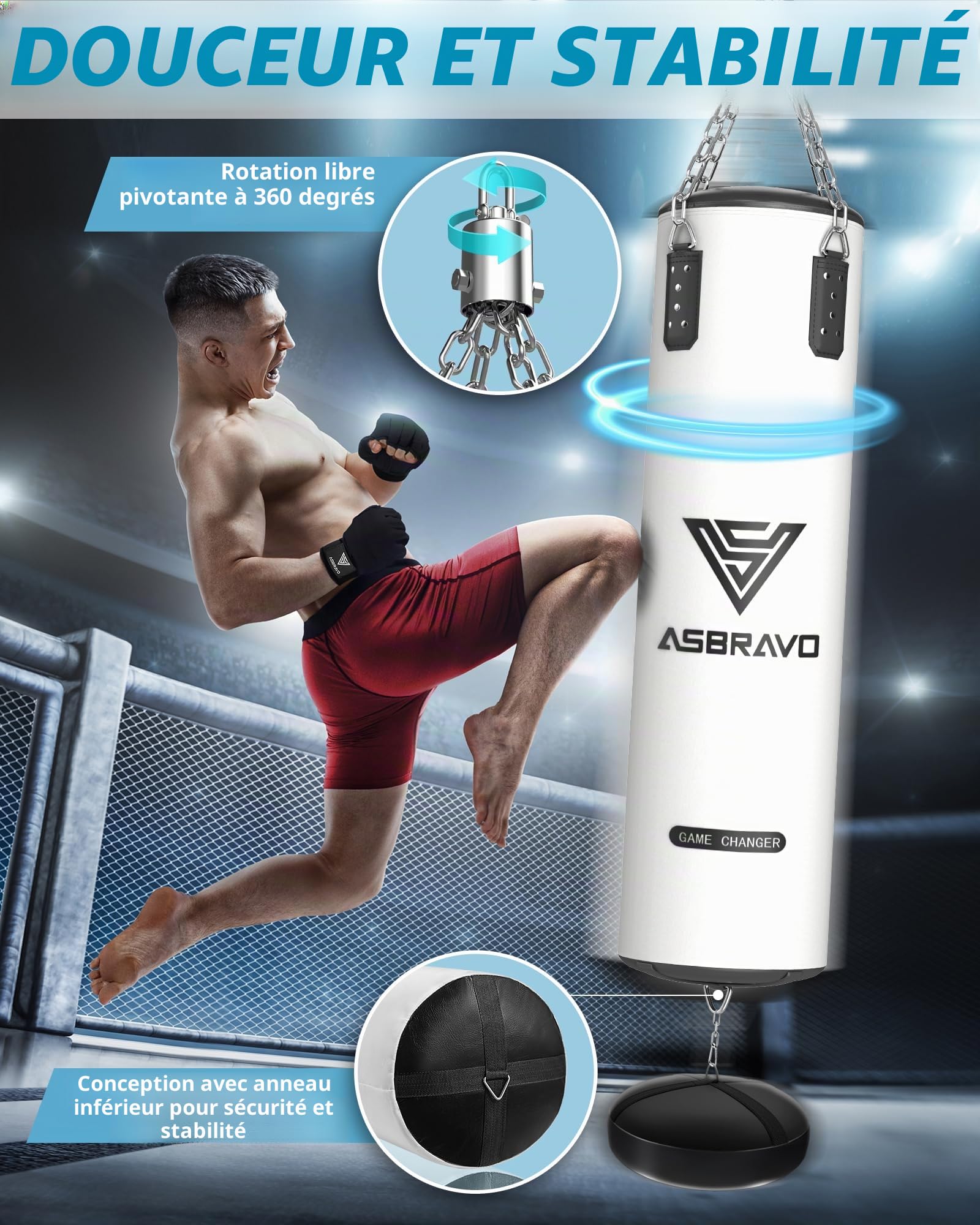Sac de frappe pour adultes - 1,2 m - En polyuréthane - Gants de boxe lourds de 340,2 g - Pour MMA, Muay Thai, Kickboxing, entraînement à domicile, arts martiaux (non rempli)