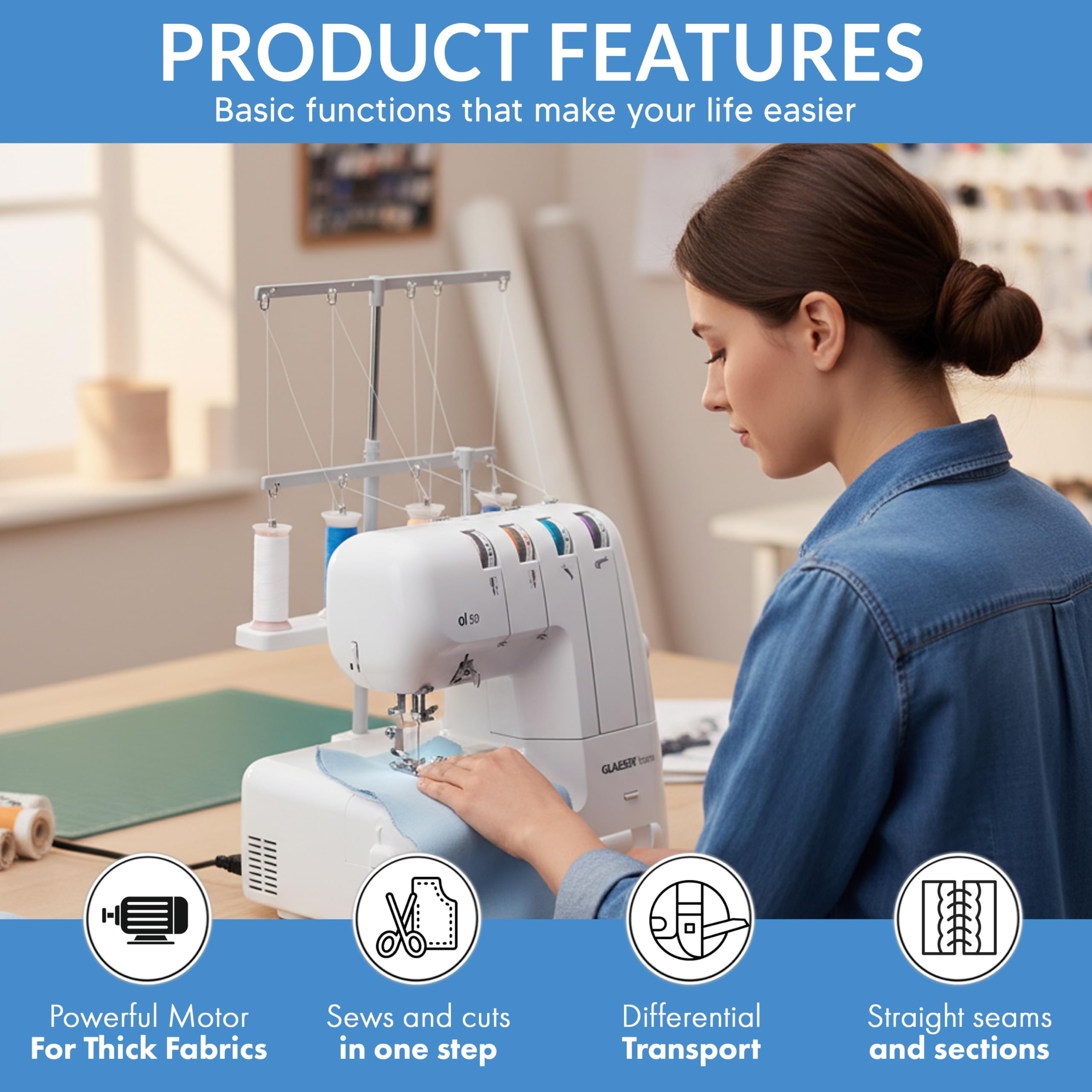 GLAESERhome | Overlock Nähmaschine ol 50 | Näht u. Schneidet in einem Arbeitsschritt | Overlock Maschine mit Einstellbarer Stichlänge | Einfach Handhabung