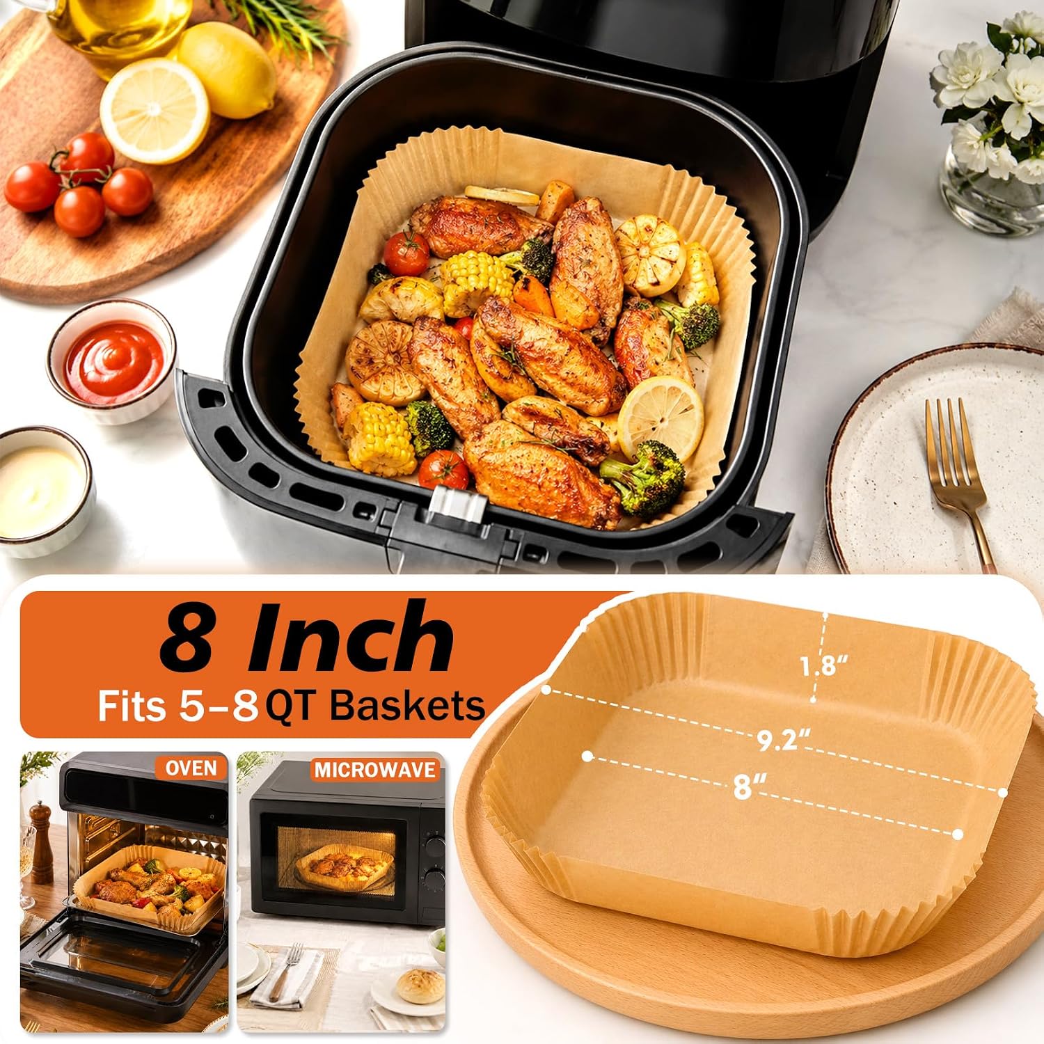 Air Fryer Liners Disposable, 500Pcs Parchment Paper for Air Fryer 5-8QT, 8 Inch Square Non-Stick Air Fryer Accessories,Oil-Proof & High-Temperature, Suitable for Oven and Microwave Use
