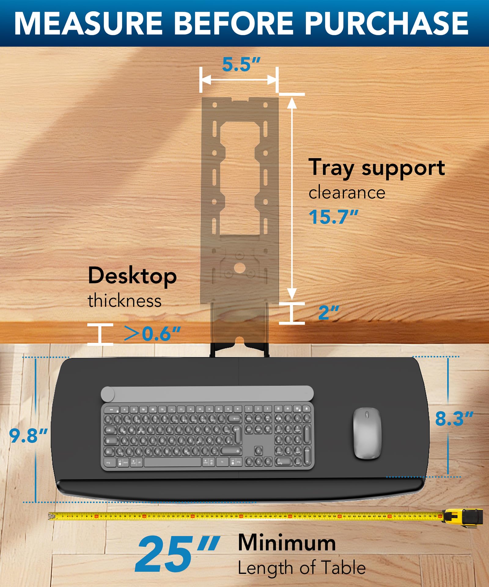 AX WABER Support pour clavier et souris sous le bureau avec tiroir de rangement, hauteur réglable, pivotant et inclinable à 360°, ergonomique, adapté au gaming et au travail de bureau, noir