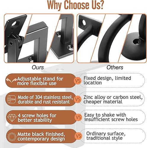 Miniatura 5 de 5 Pack Crystmetal 304 Stainless Steel Adjustable Swivel Handrail Bracket for Staircase , Square Stair Railing Bracket Decking Fencing (Matte Black)