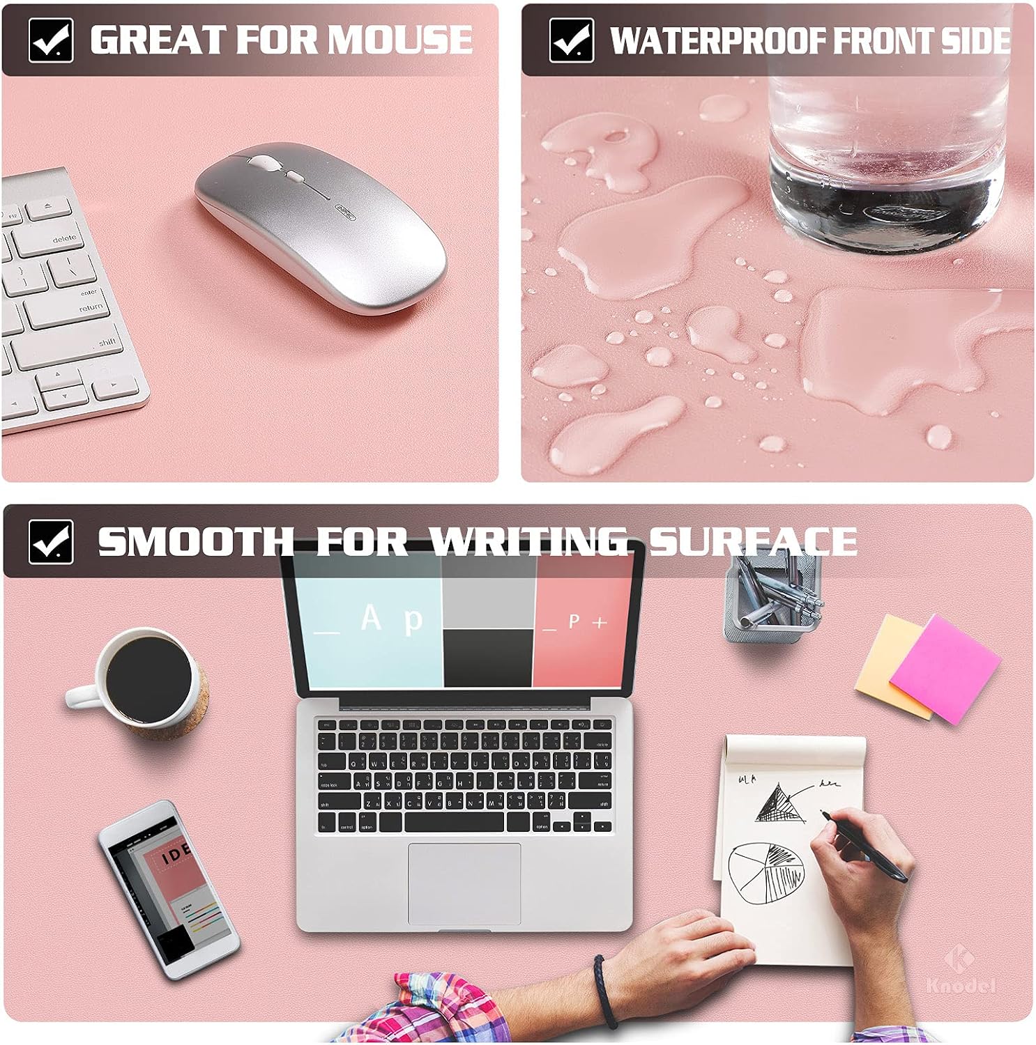 Knodel Non-Slip Desk Mat, Mouse Pad, Waterproof Desk Pad for Desktop, Leather Desk Pad for Keyboard and Mouse, Desk Pad Protector, Desk Writing Pad for Office and Home (31.5"x15.7", Pink)