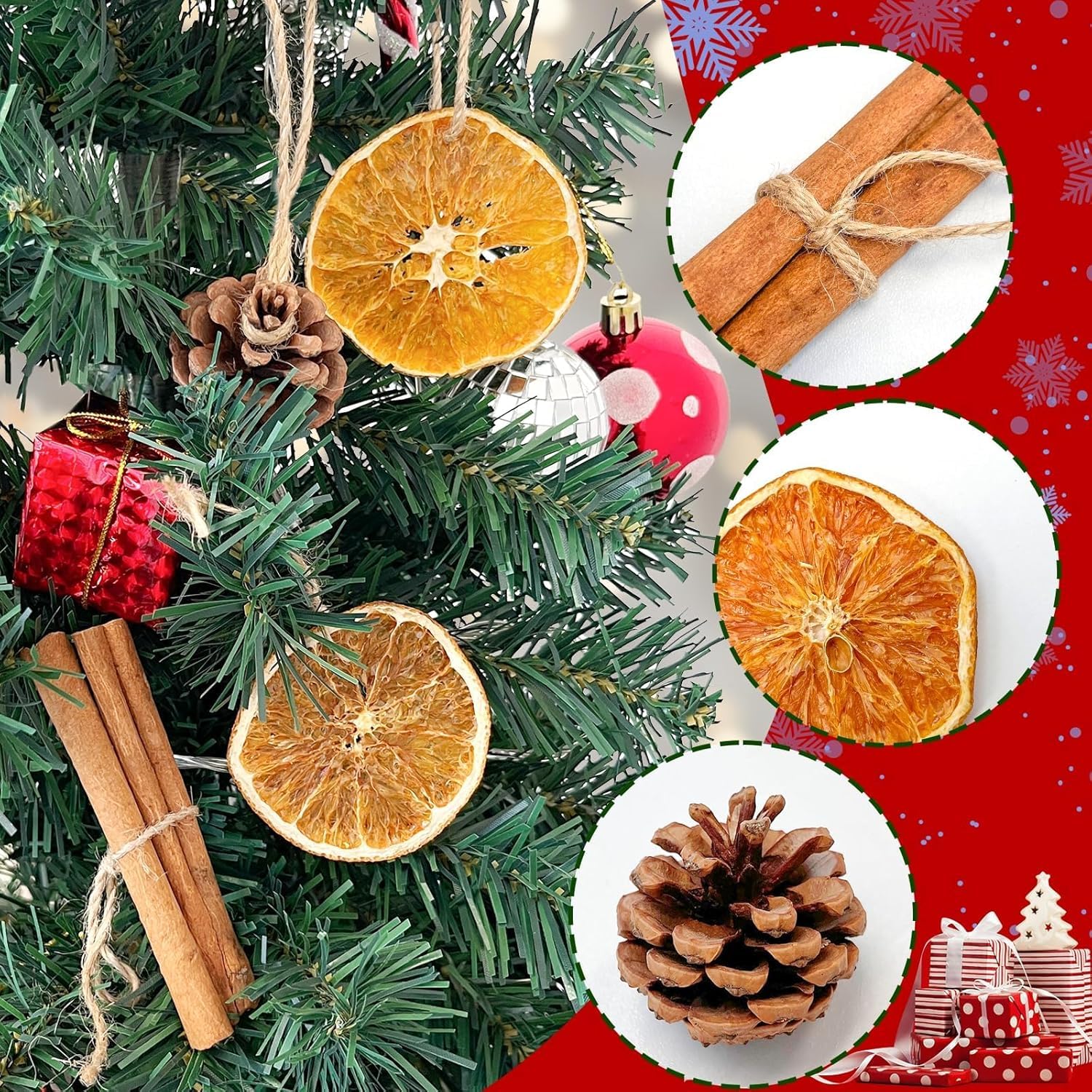 LATERN 225 Pièces Décorations pour Couronne de Noël, 20 Tranches D'orange Séchées, 20 Cannelle Bâtons, 10 Pin Pommes, 10 Anis Étoilé, 10 Glands, 155 Fruits Rouges - pour Noël Artisanat Fête Décoration