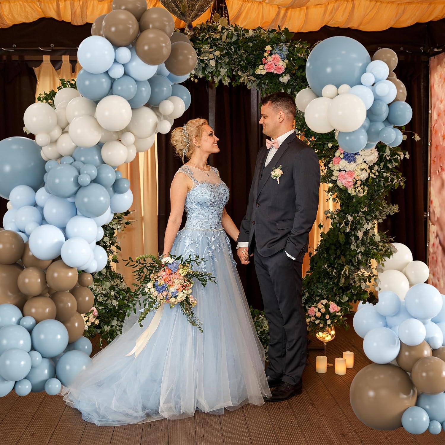 Premium 136pcs Dusty Blue & Brown Balloon Arch Kit – 18/12/10/5 Inch Neutral Sand White Balloons for Bear Baby Shower, Woodland Gender Reveal, Boho Wedding Party Decor Dusty Blue Brown Sand White