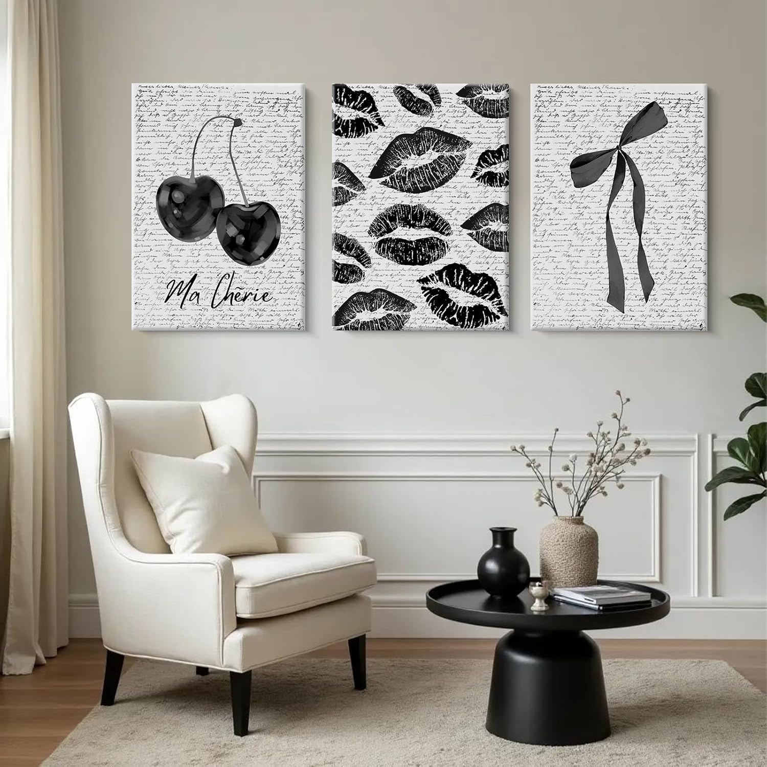 Black White Aesthetic Wall Art Coquette Bow Fashion Canvas Wall Decor Preppy Cherry Posters Vintage Girl Room Decor Bow Pictures Trendy Lips Kiss Prints for Girly Bedroom 12x16 Inch Ready to Hang 3pcs