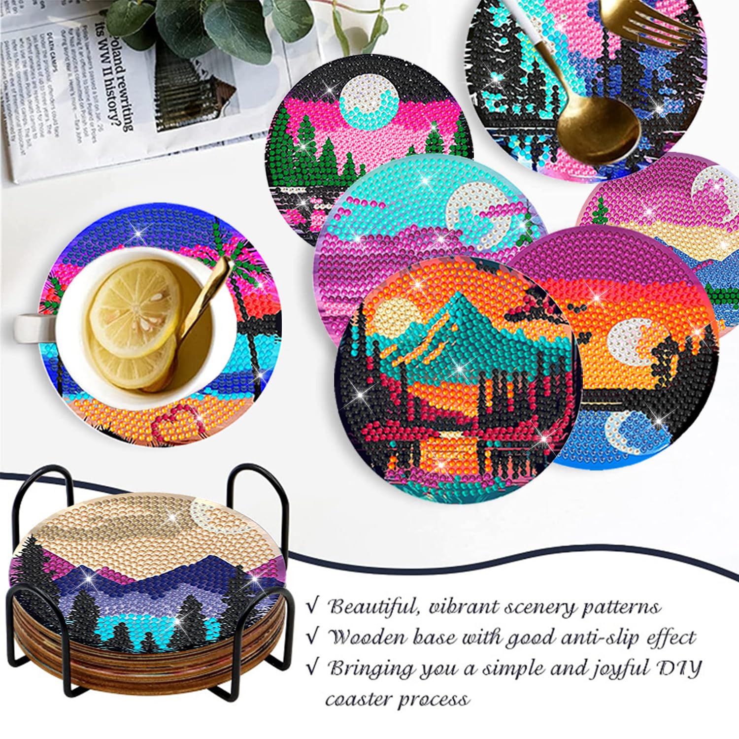 Clendo 8-Piece Bohemian Style Diamond Painting Coaster Kit - Abstract Landscape Art For Beginners With Holder - View #7