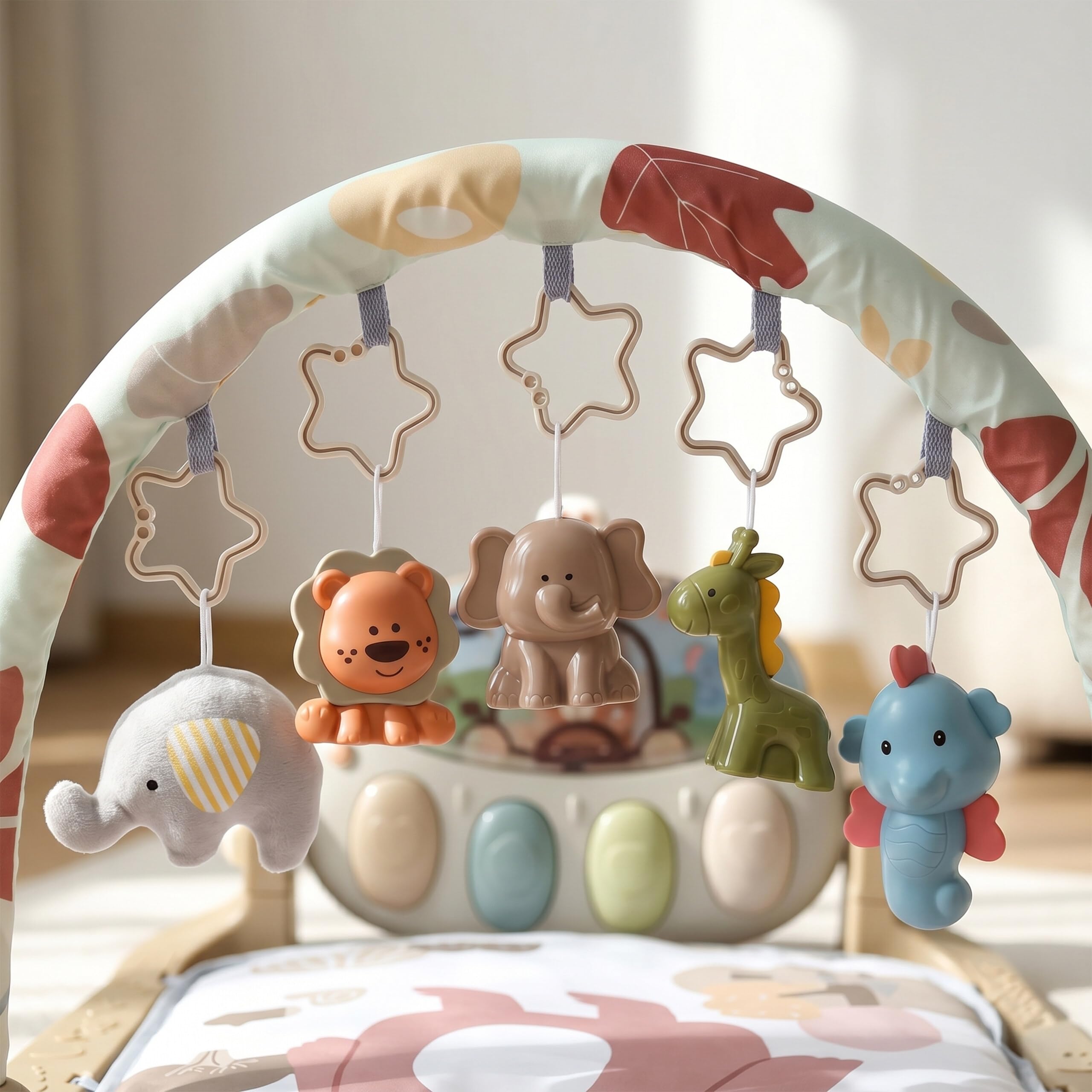 Relaxdays Arco de Juego con Juguetes, música y Luces, 42 x 64 x 80 cm, Tela, Gimnasio para bebés, Alfombra Oso marrón