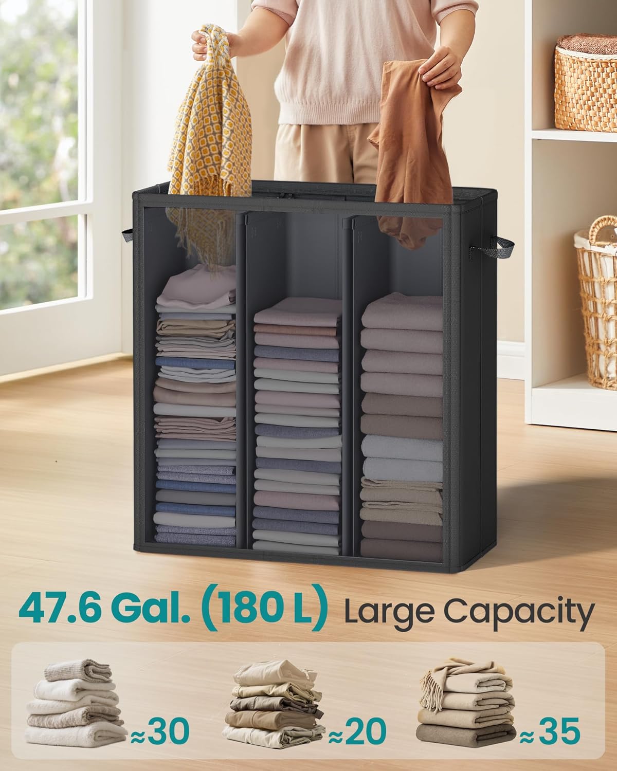 SONGMICS 47.6 Gallon (180 L) Laundry Hamper, 3-Compartment Laundry Basket Sorter with Lid, Labels, Removable Liner Bags, for Bedroom, Ink Black URLH013B01