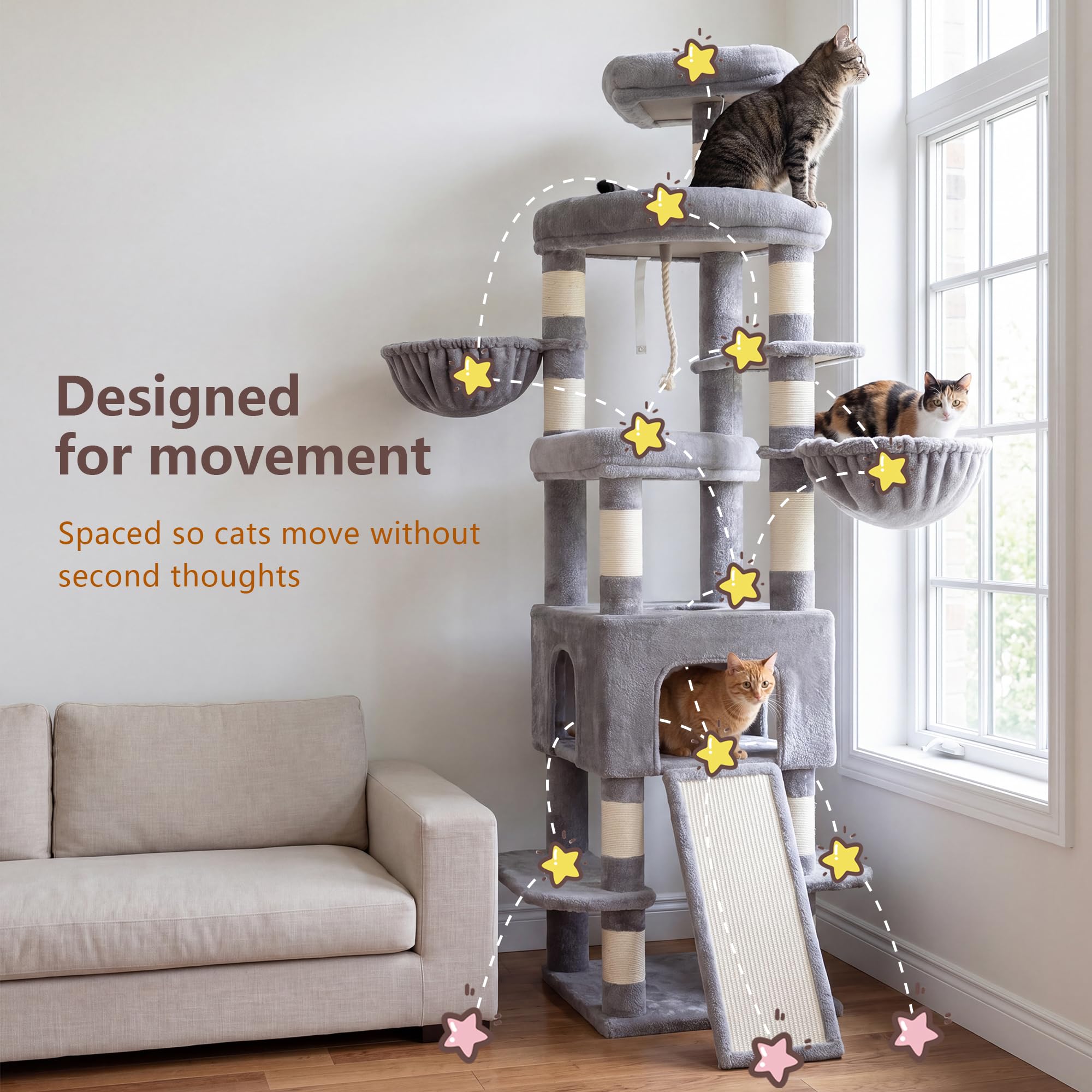 Heybly Árbol para Gatos XXL 210 cm, Torre Rascador Alta para Gatos Grandes de Interior, Condominio con 2 Cestas, Cueva, Plataformas y Tabla de Sisal, Gris Claro HCT063W