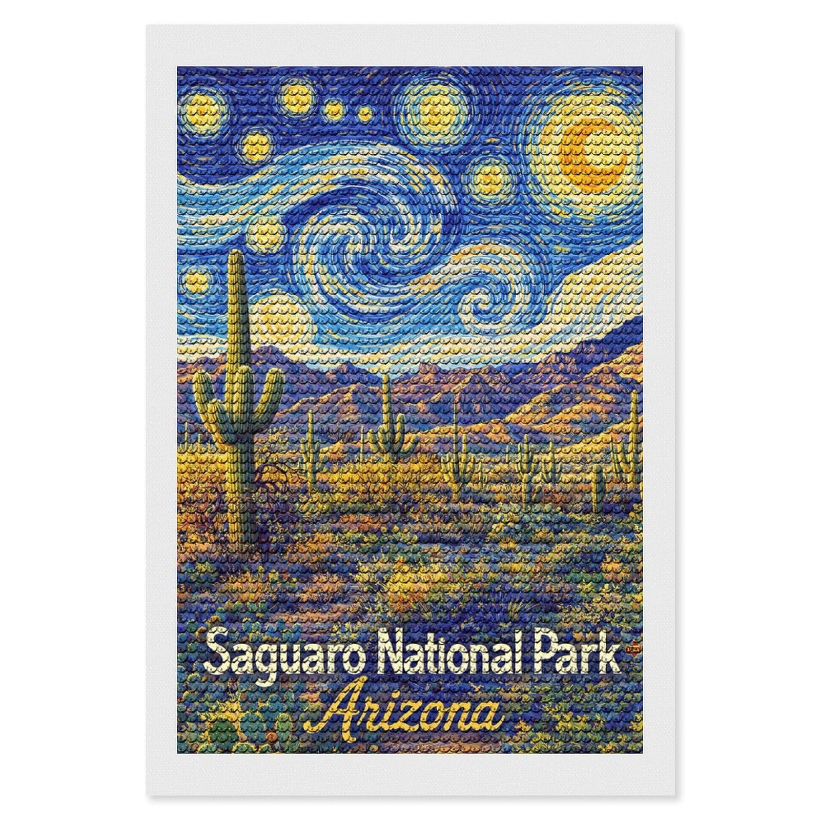 Junmoney Saguaro National Park Arizona Starry Night Diamond Painting Set 8"x12", Neat Printed Canvas, with Tool Kit, Bedroom Decor, Gift Idea, Complete Accessories