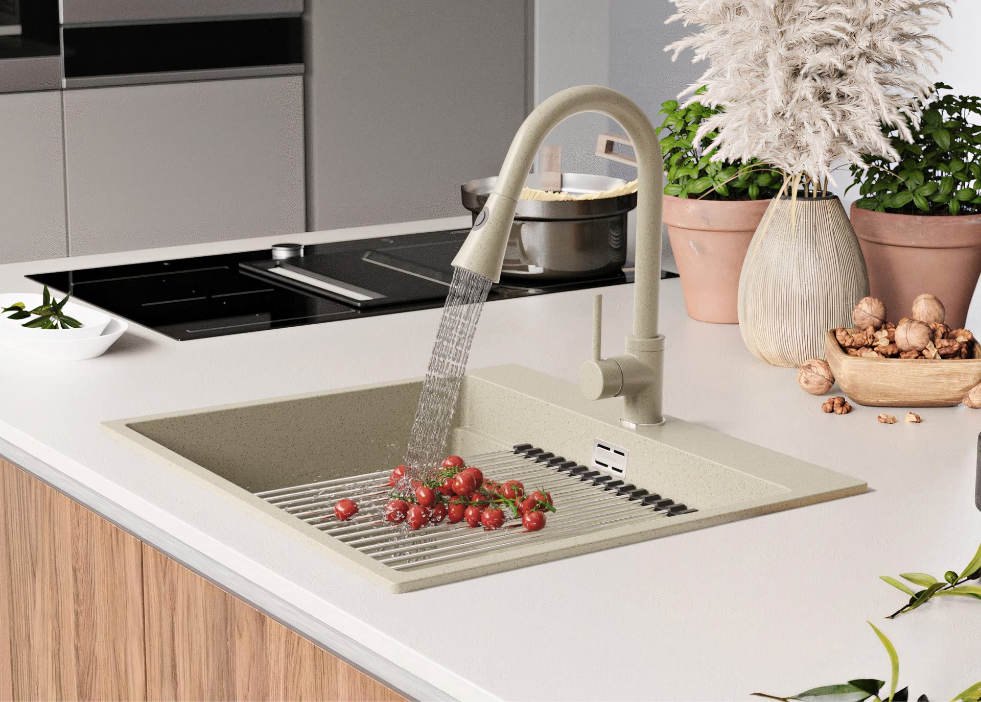 PRIMAGRAN Evier Cuisine en Granit Beige - Oslo, 58x53cm | Lavabo 1 Bac + Robinet 40x20cm + Kit d'accessoires, Évier à Encastrer au Meuble 60cm (S168)