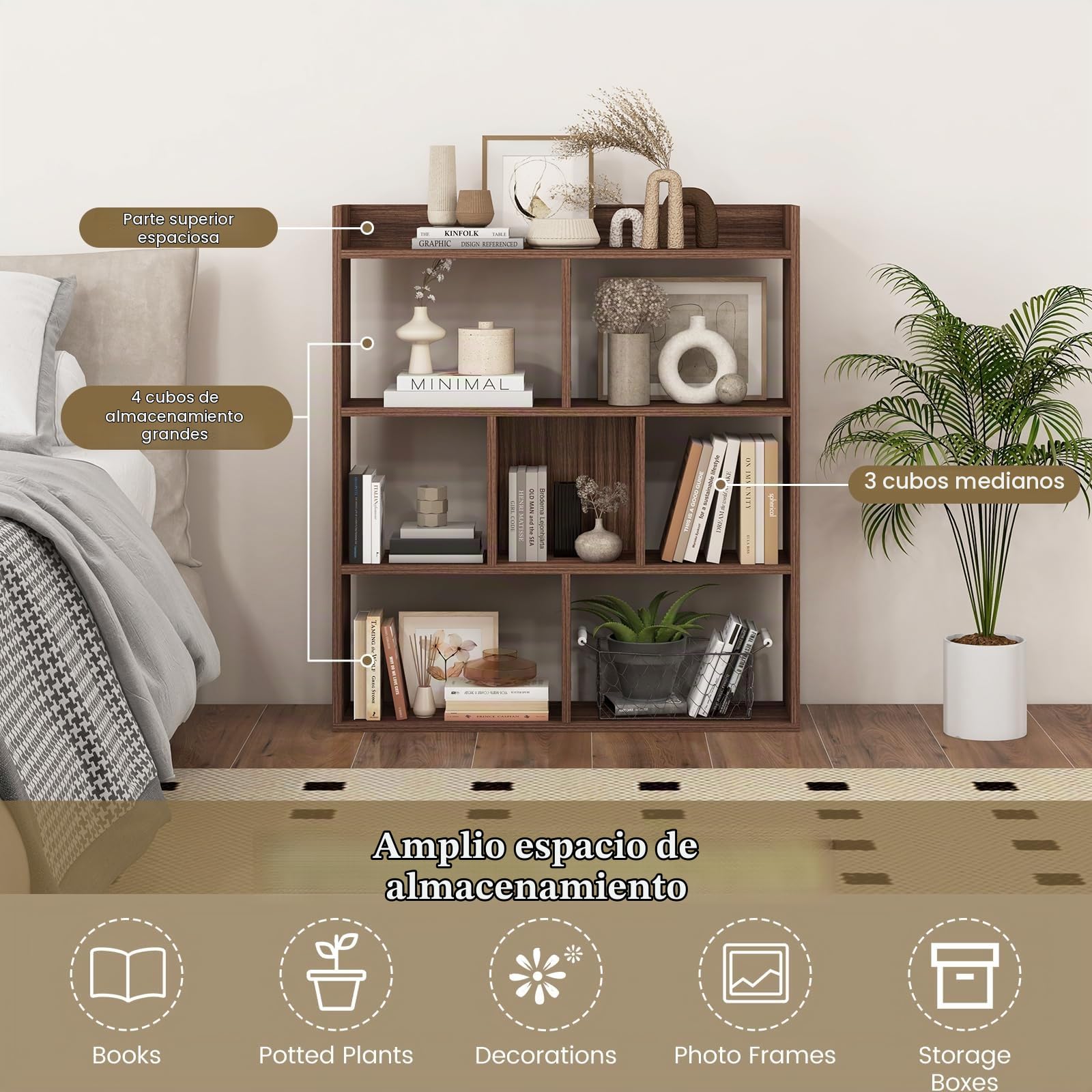 HOMASIS Estantería Madera con 7 Compartimentos Diáfanos, Almacenamiento de Exposición, Biblioteca con Protección Antivuelco, Separador de Habitaciones para Salón (Nogal)
