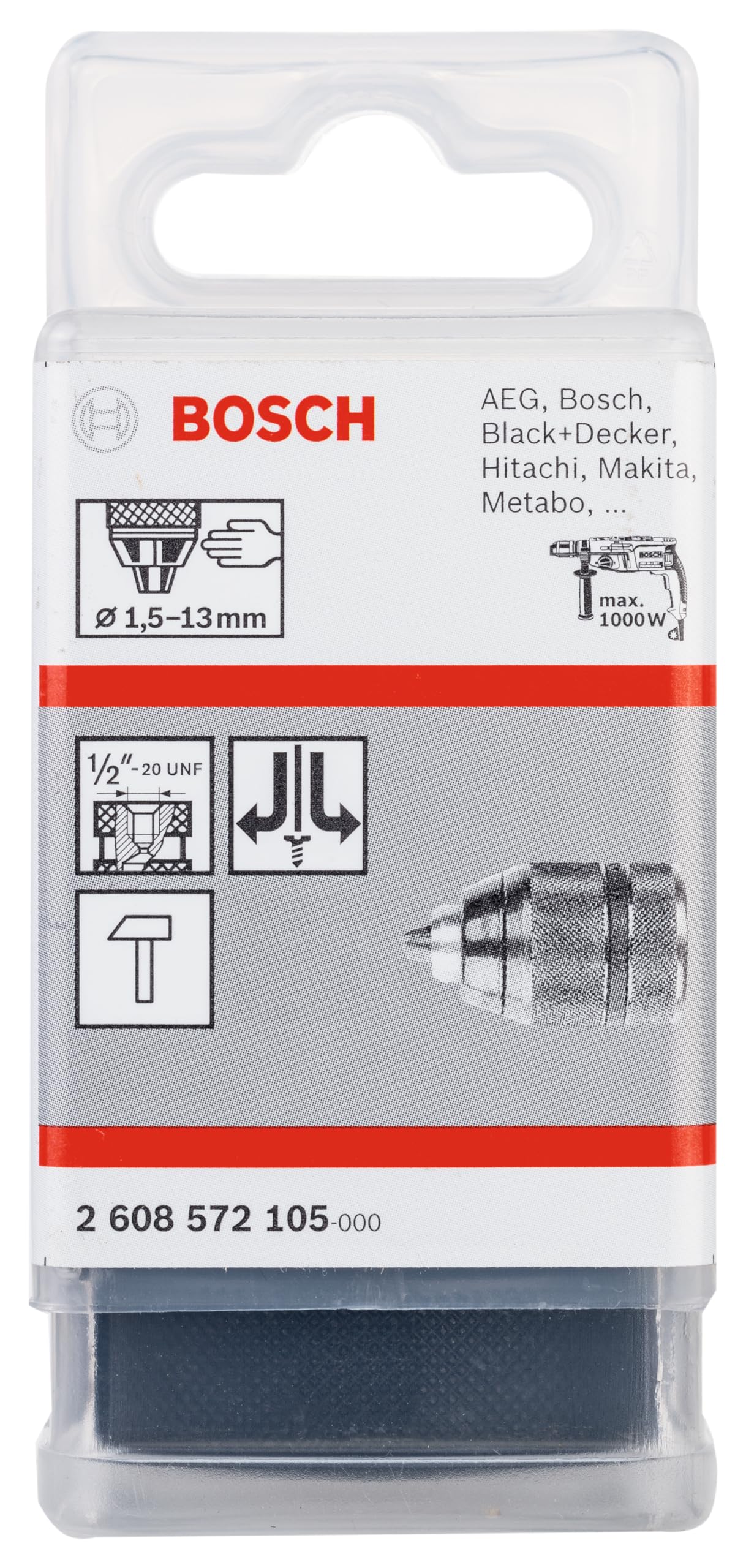 Bosch Accessories 2608572105 Mandrin automatique jusqu'à 13 mm 1,5 - 13 mm, 1/2" - 20 Noir/Argent