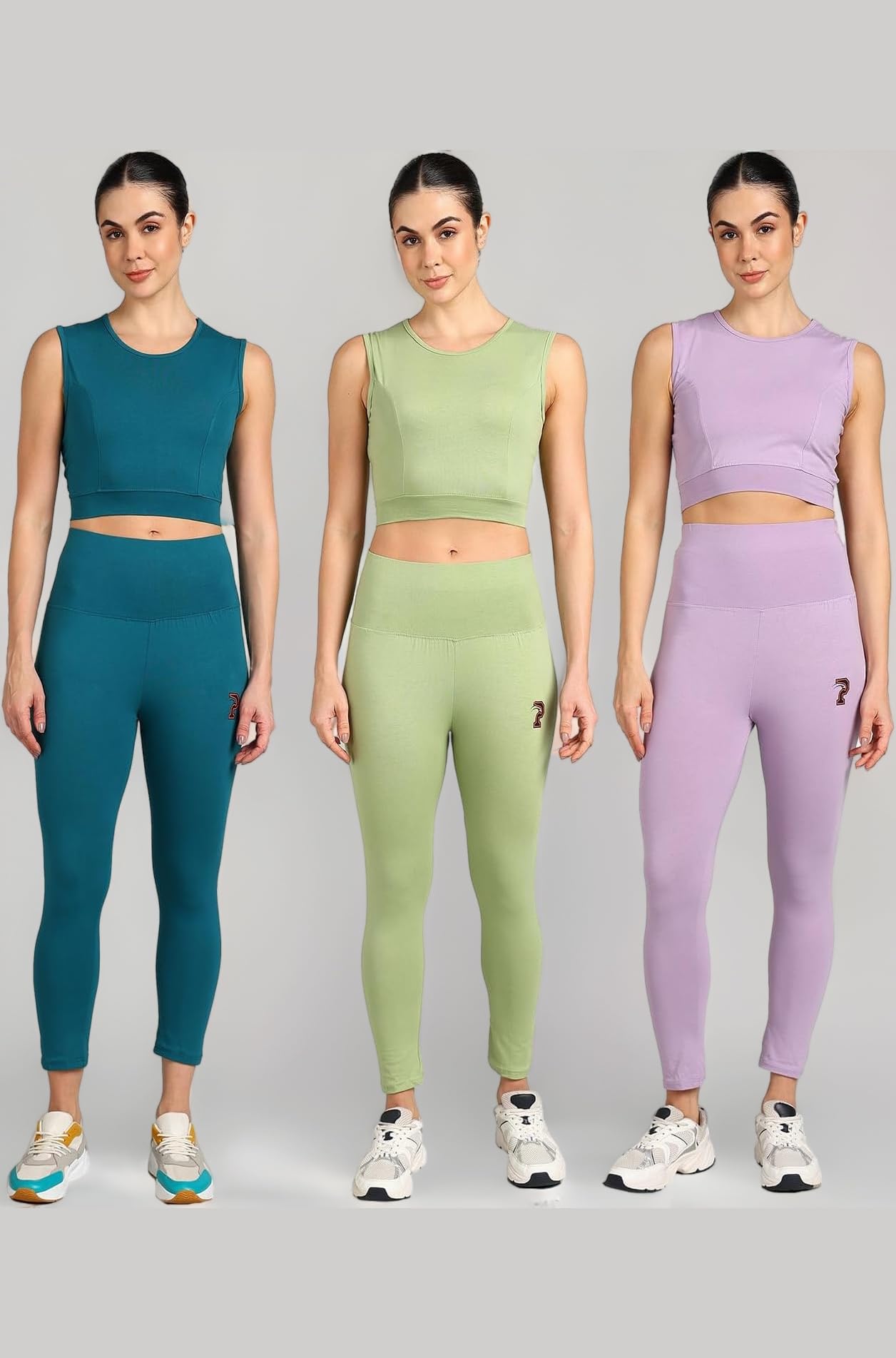 PAAVKI Stretchable Activewear Sleeveless Crop Top with Long Pants with Back Pocket for Workout Top & Bottom Set Gym Yoga Sports Running Track Suits For Girls/Women - Pack of 3
