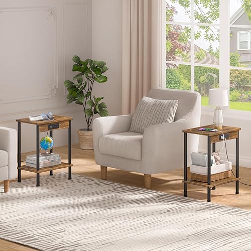 Miniatura 3 de Mesa auxiliar con estación de carga, mesa auxiliar pequeña, mesita de noche de 2 niveles con estante de almacenamiento, mesita de noche para