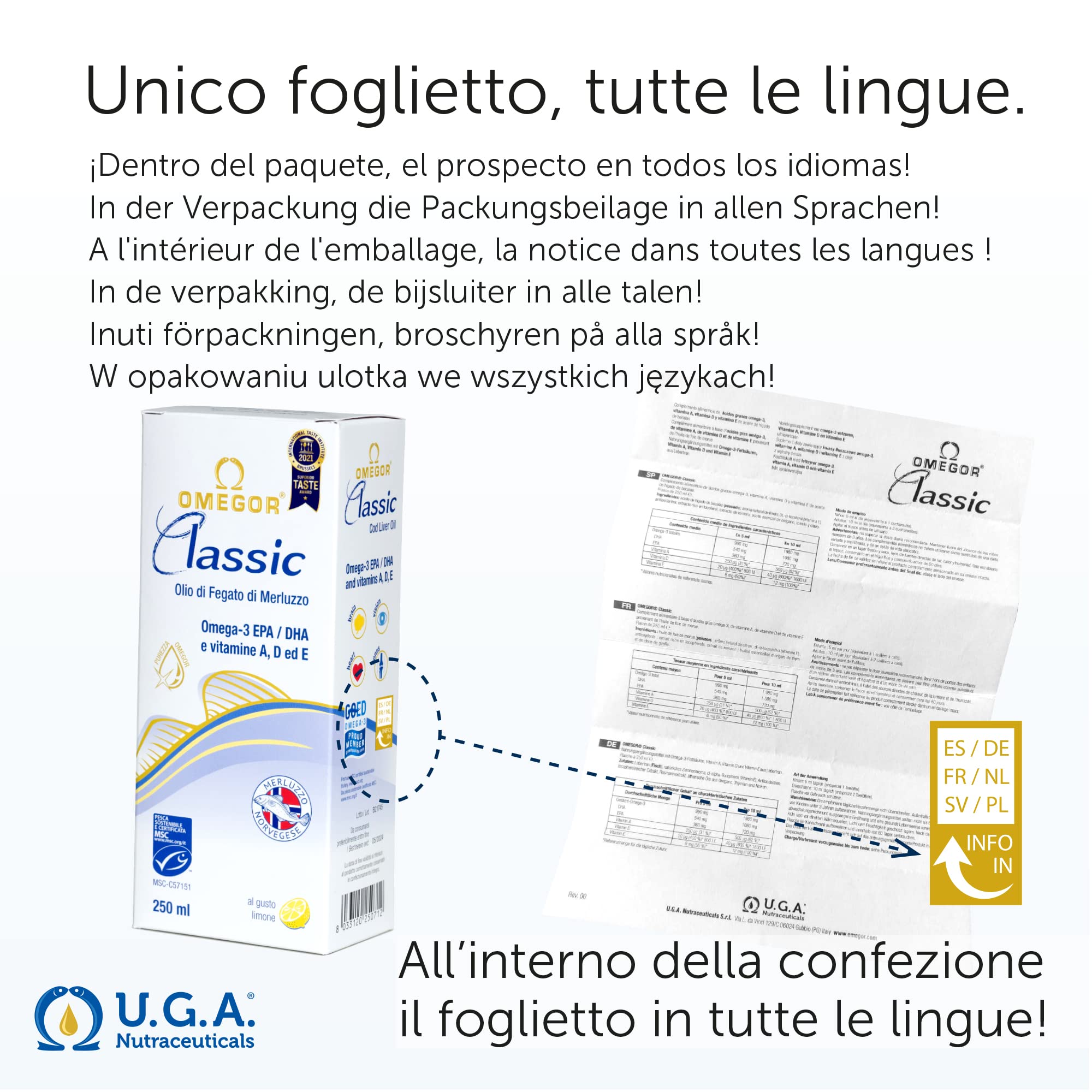 Olio di Fegato di Merluzzo Liquido OMEGOR Classic 250ml - Senza Retrogusto di Pesce - Omega 3 Liquido 1000mg con Vitamine A, D, E - 540mg DHA 360mg EPA