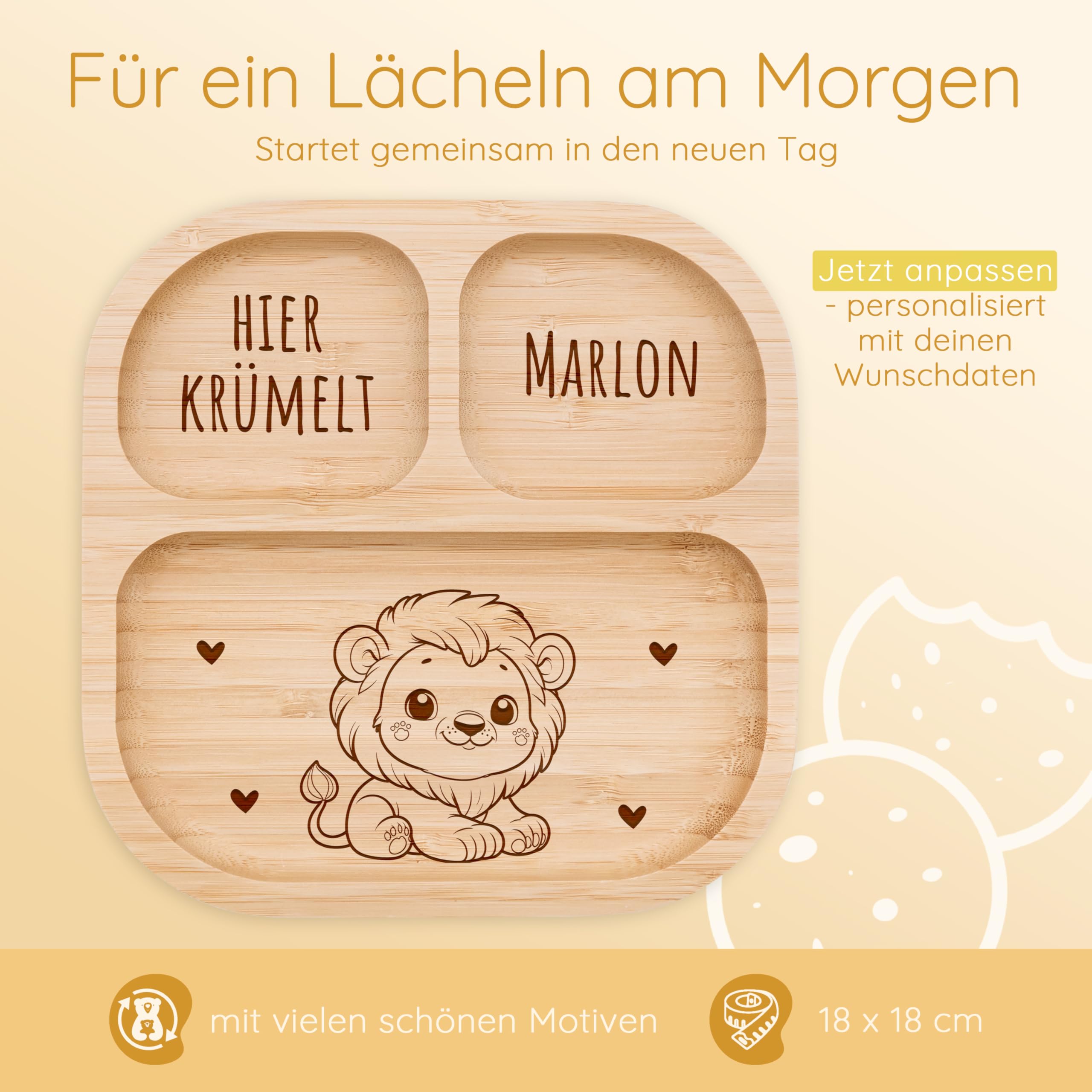 Bärenfreunde - Personalisierter Baby Teller mit Saugnapf - Praktisches Beikost Zubehör Säugling mit Namen - Kinder Teller Rutschfest - Personalisierte Geschenke Baby (Löwe)