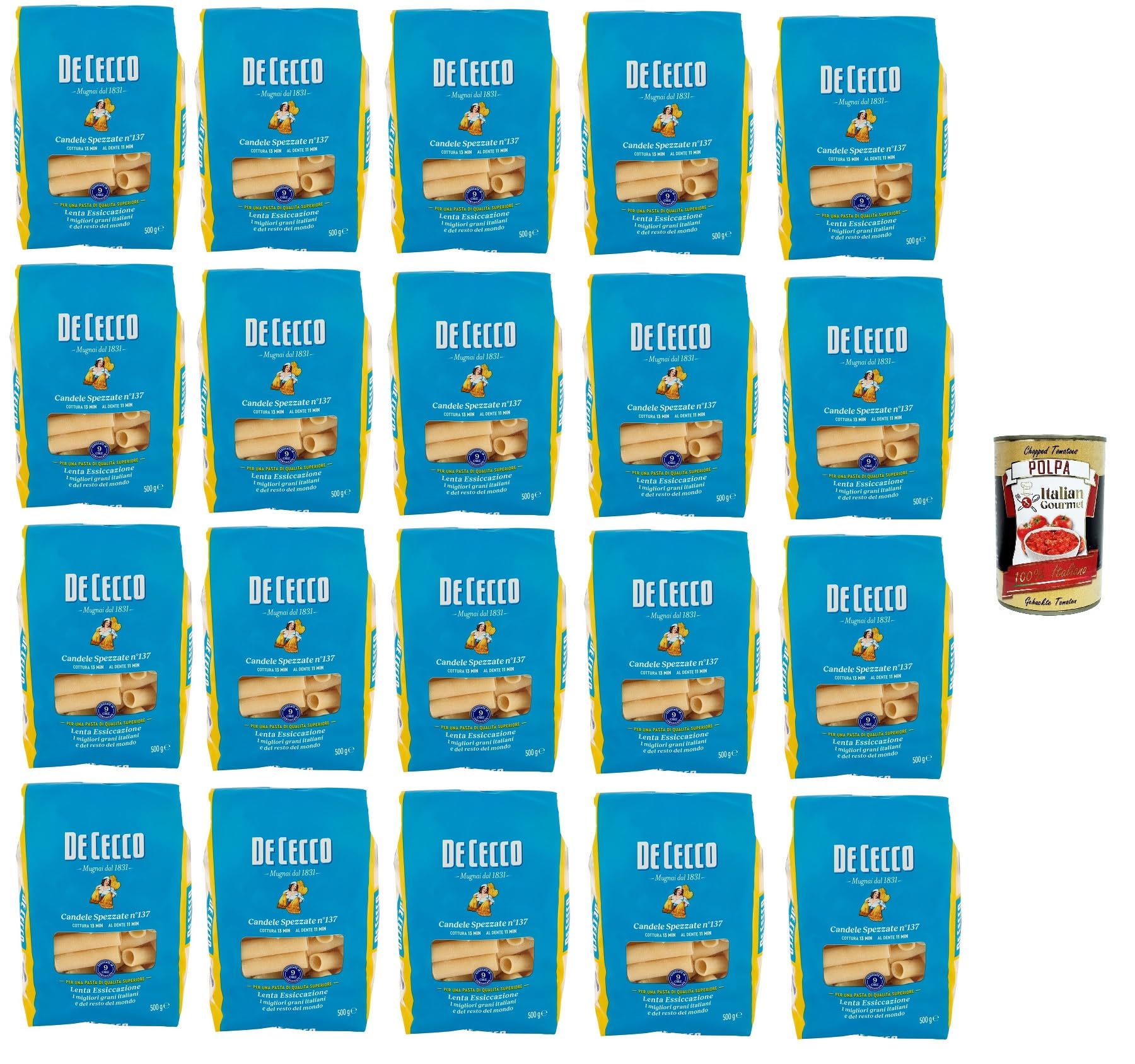 Italian Gourmet Pasta Candele Spezzate N°137 italienische Nudeln 20 x 500g | Grande formato tubolare, cottura al dente; perfekt für Ragù, Aufläufe, Gesamtnettogewicht 10 kg + Kostenlos Polpa 400g