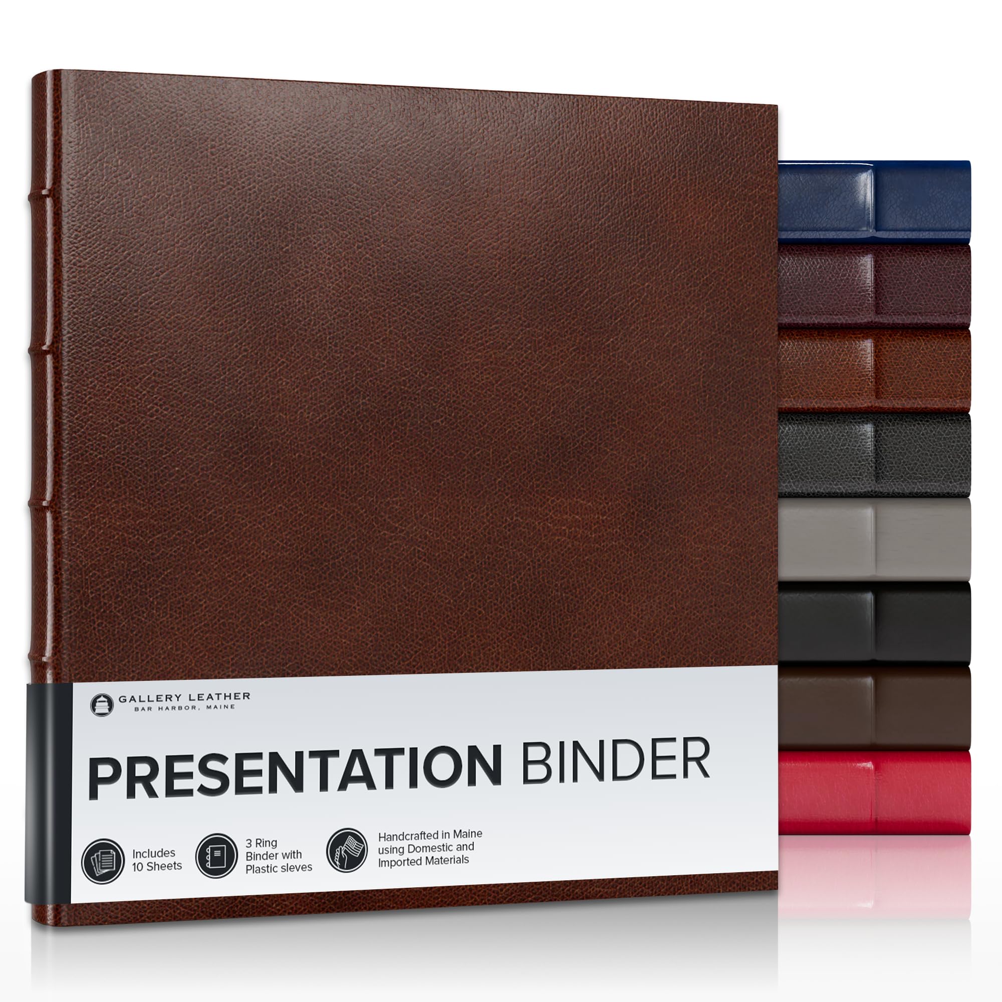 Gallery Leather 3 Ring Binder with Plastic Sleeves, Includes 10 Sheets, Sheet Size: 8.5" x 11" - Presentation Binder Rings with Hubbed Spine, Thick: 1.25" Belfast Brown