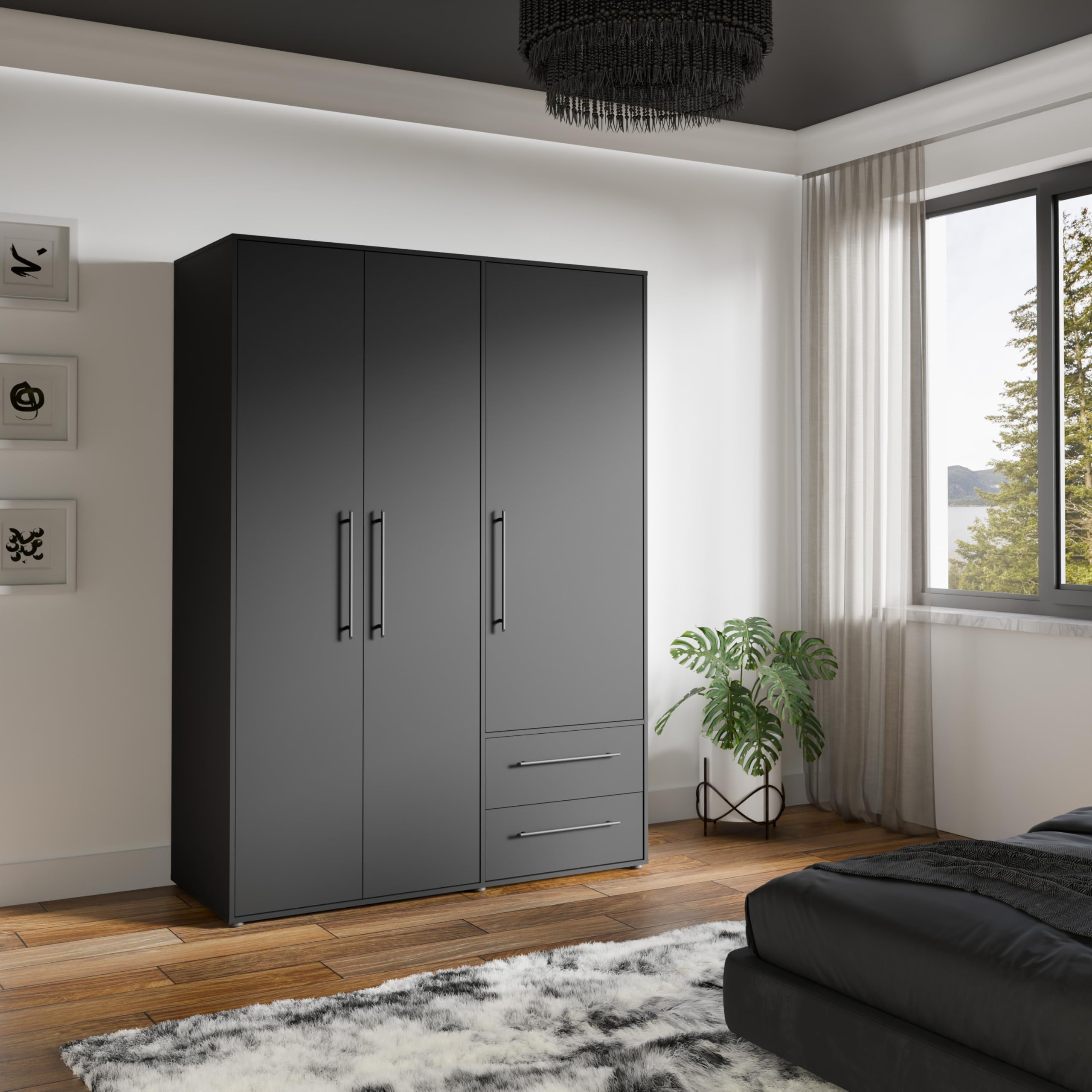 AVANTI TRENDSTORE - FATHIE - Armadio con 3 ante battente e 2 cassetti in legno laminato nel colore nero opaco. Dimensioni LAP ca. 145x200x59 cm.