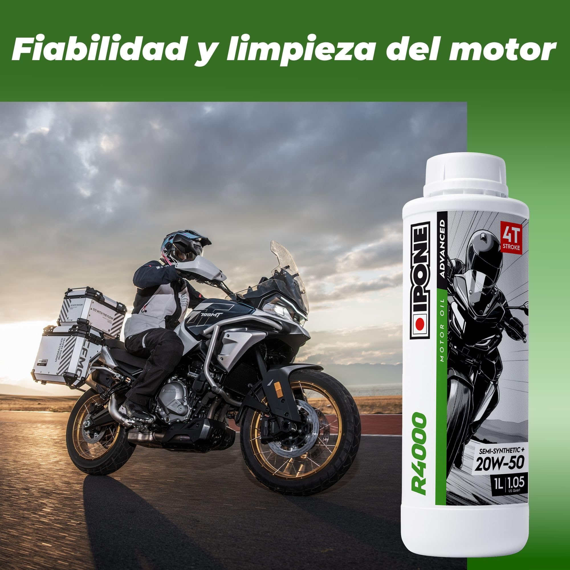 IPONE – Aceite de Motor para Moto 4 Tiempos 20W50 R4000 – Envase de 4 Litros – Semi-Sintético+ –Gama Advanced -Protección duradera del motor –Mayor vida útil del aceite –Limpieza del motor garantizada