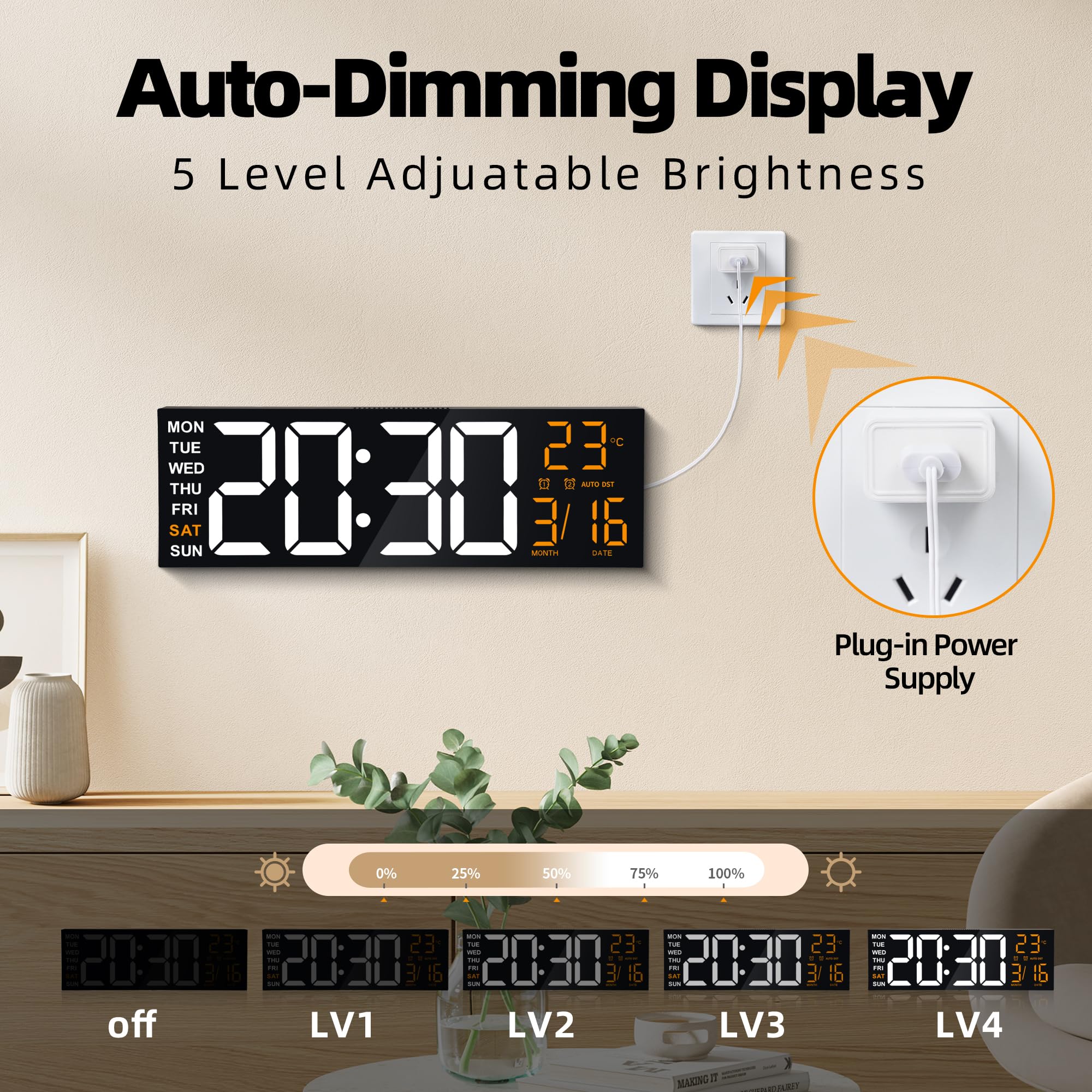 Maxstar 16 "Orologio da parete digitale grande con display LED e telecomando a 8 RGB,rumori allarmi doppi,DST,temperatura,data,luce notturna per camera da letto/ufficio/soggiorno/palestra/sala giochi