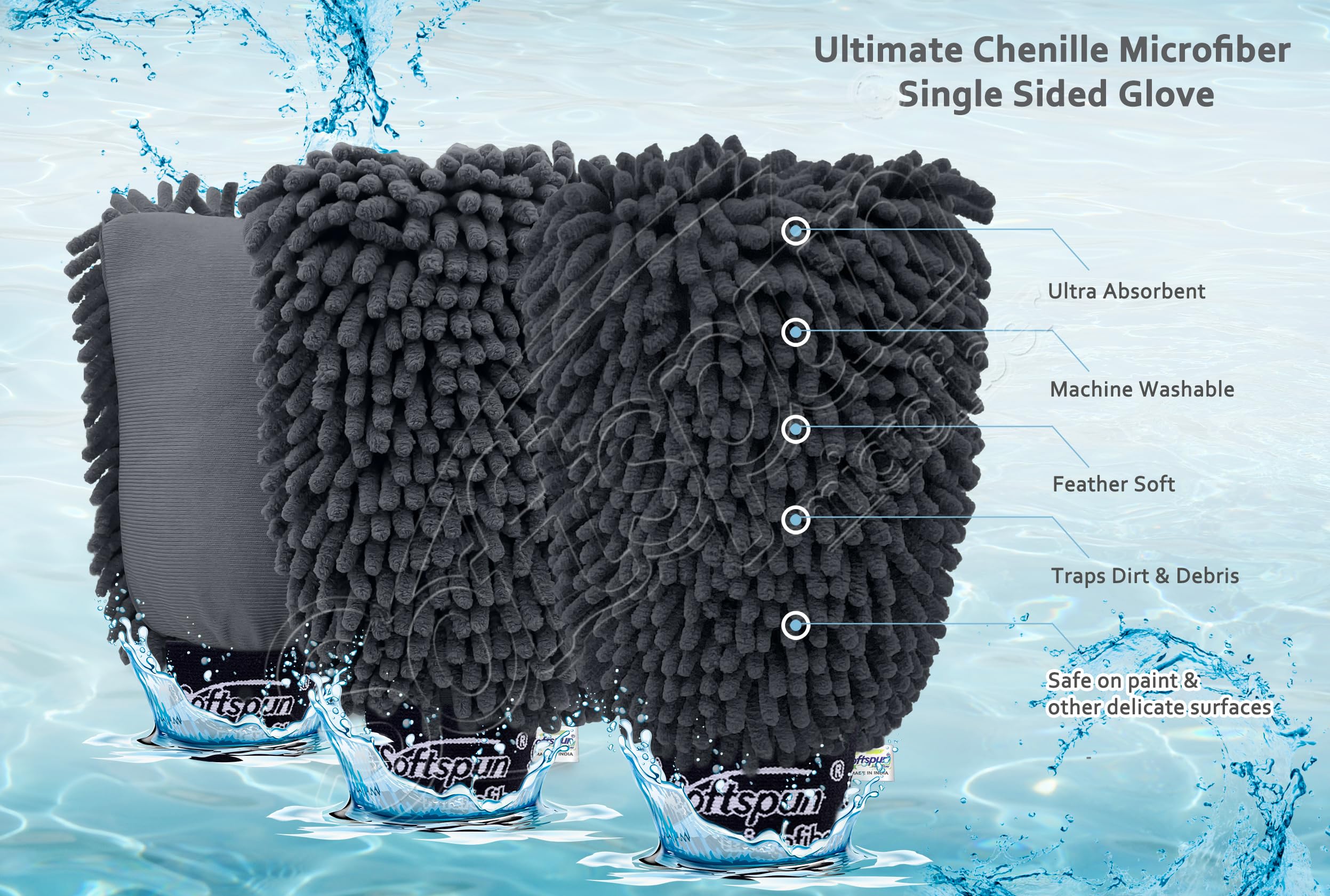 SOFTSPUN Microfiber Chenille & Glass Cloth Mitt, 3 Piece Combo 1700 GSM Grey, Multi-Purpose Super Absorbent and Perfect Wash Clean with Lint-Scratch Free Cars Home Dusting - Image 3 thumbnail
