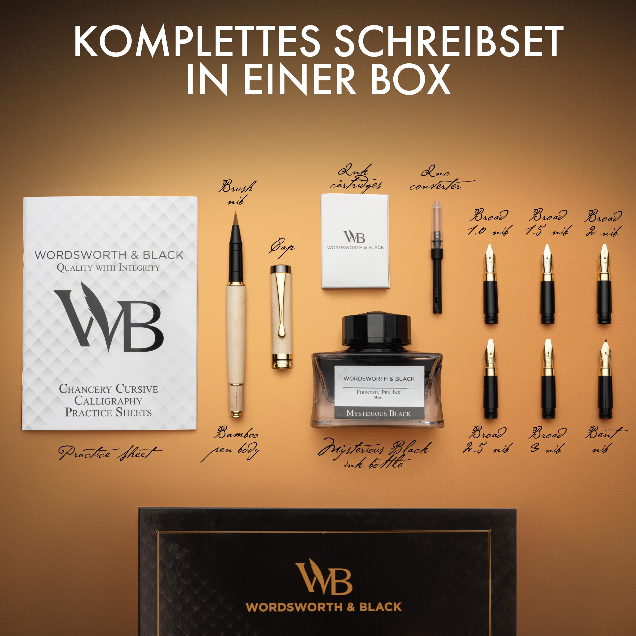 Wordsworth & Black Kalligraphie-Stiftset, inklusive Tintenfass, 6 Tintenpatronen, Tintenkonverter, 6 Ersatzfedern, Luxus-Bambus, Journaling, Schreibfüller mit weichem Schreibgefühl [Ahornholz]