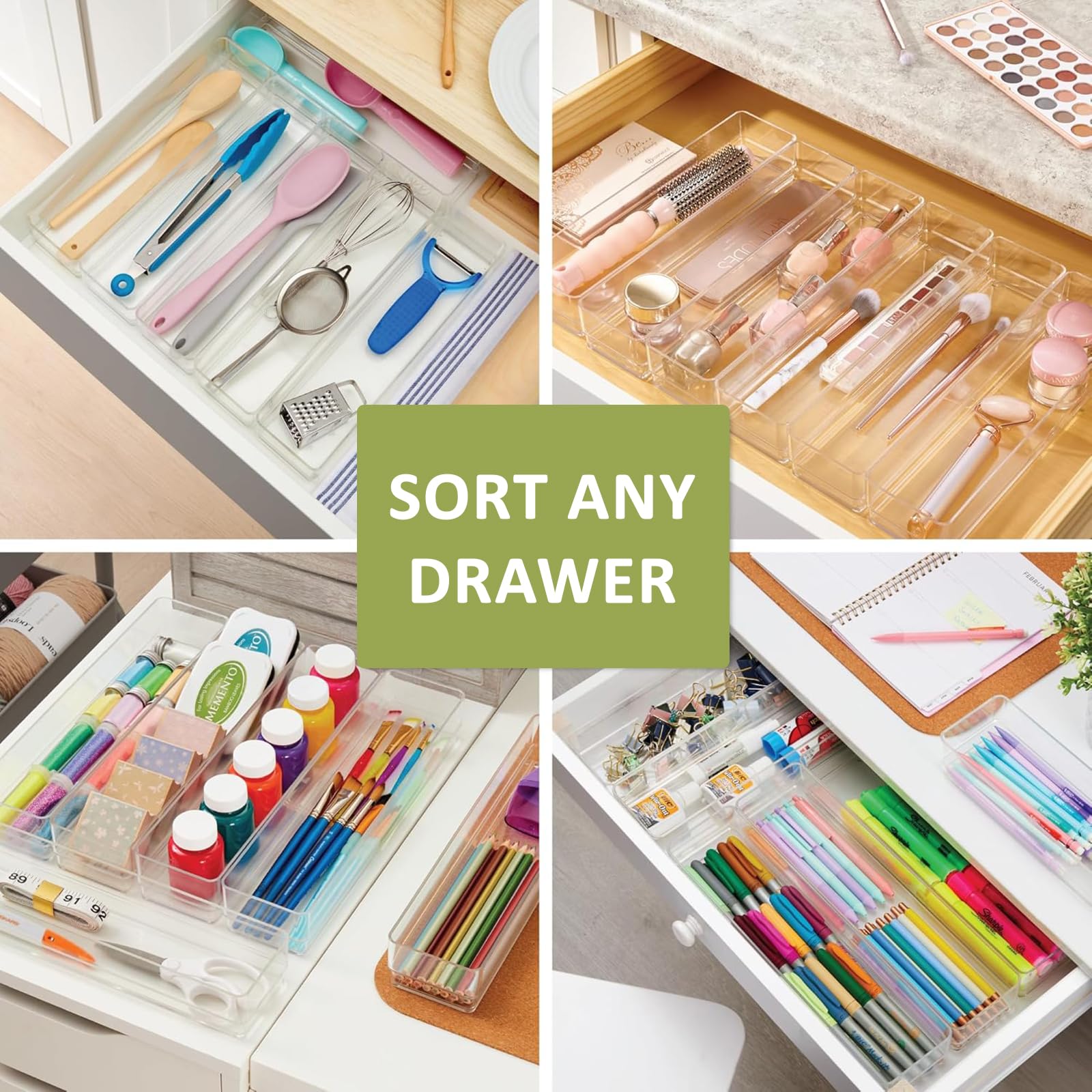 Kuber Industries 6 organizerów do przechowywania (8 x 40 cm) do kuchni i makijażu, taca do szuflad, wielofunkcyjny organizer na biurko, organizer na artykuły pa,