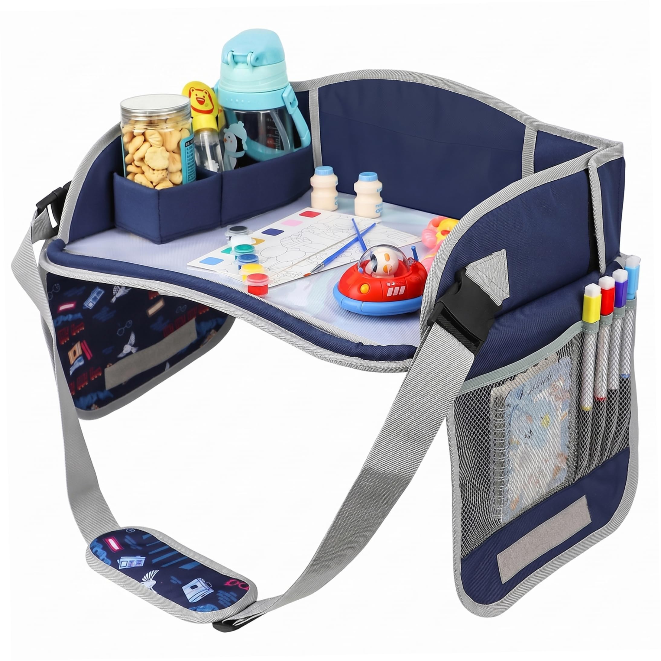 Tavolo per seggiolino auto per bambini, grande vassoio da viaggio regolabile per bambini compatibile con touchscreen in tessuto pieghevole con scomparti portaoggetti, blu