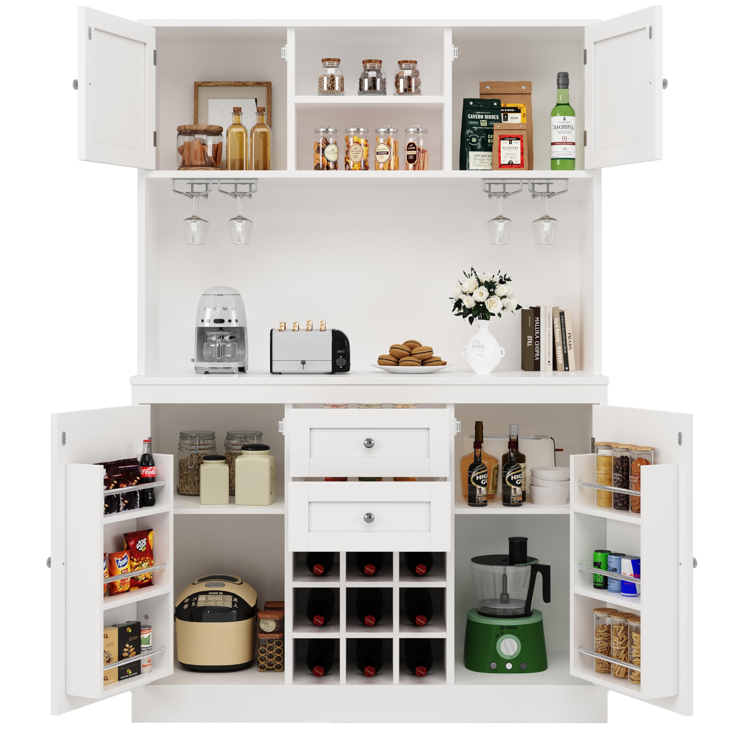 Kebnor Küchenschrank mit verstellbaren Ablagen & Weinregal,Hochschrank Küchenbuffet mit 4 Türen & 2 Schubladen,Sideboard für Küche & Wohnzimmer,Buffetschrank Weiß