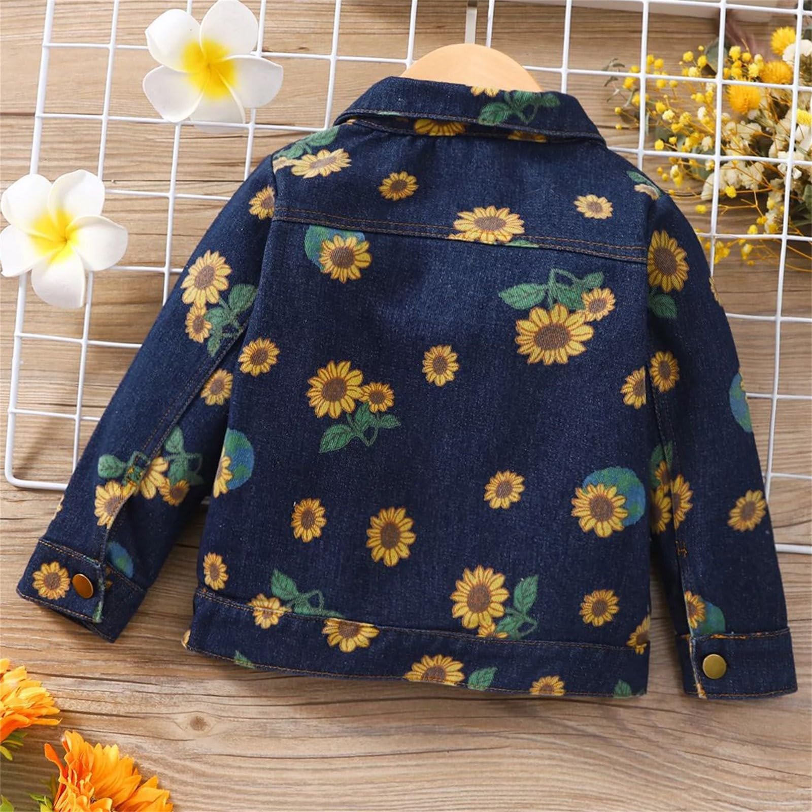RNTOP Kids Jean Jacket Girls Baby Toddlers Denim Coat Outerwear Children Sunflower Button Down (Dark Blue, 18-24 Months)