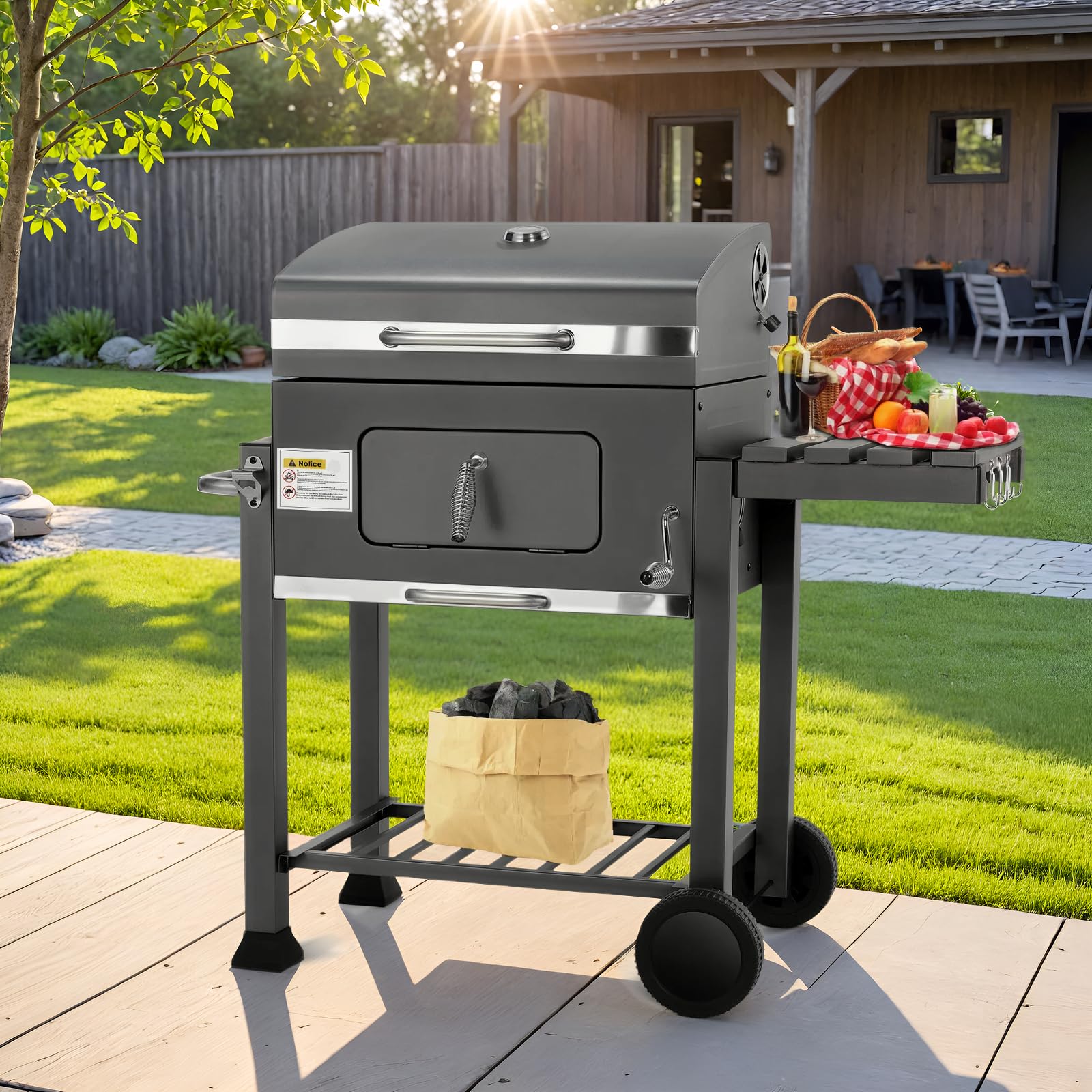 Barbecue Charbon de Bois XL, Chariot à Barbecue, Grill XL à Charbon avec Couvercle, 2PCS Roues, Thermomètre, Réglable en Hauteur, Grand Barbecue au Charbon de Bois, pour Camping et Jardin, Gris