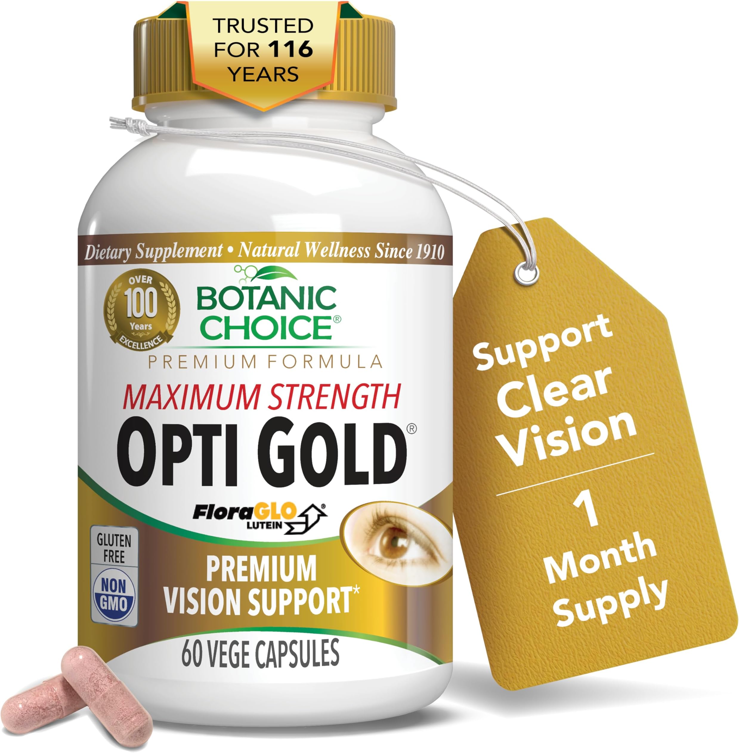 Maximum Strength Opti Gold Vision Eye Health Support Supplement for Overall Eyesight Health for Men & Women - Taurine, Vitamin A, Lutein, Bilberry, Alpha Lipoic Acid (60 Capsules)
