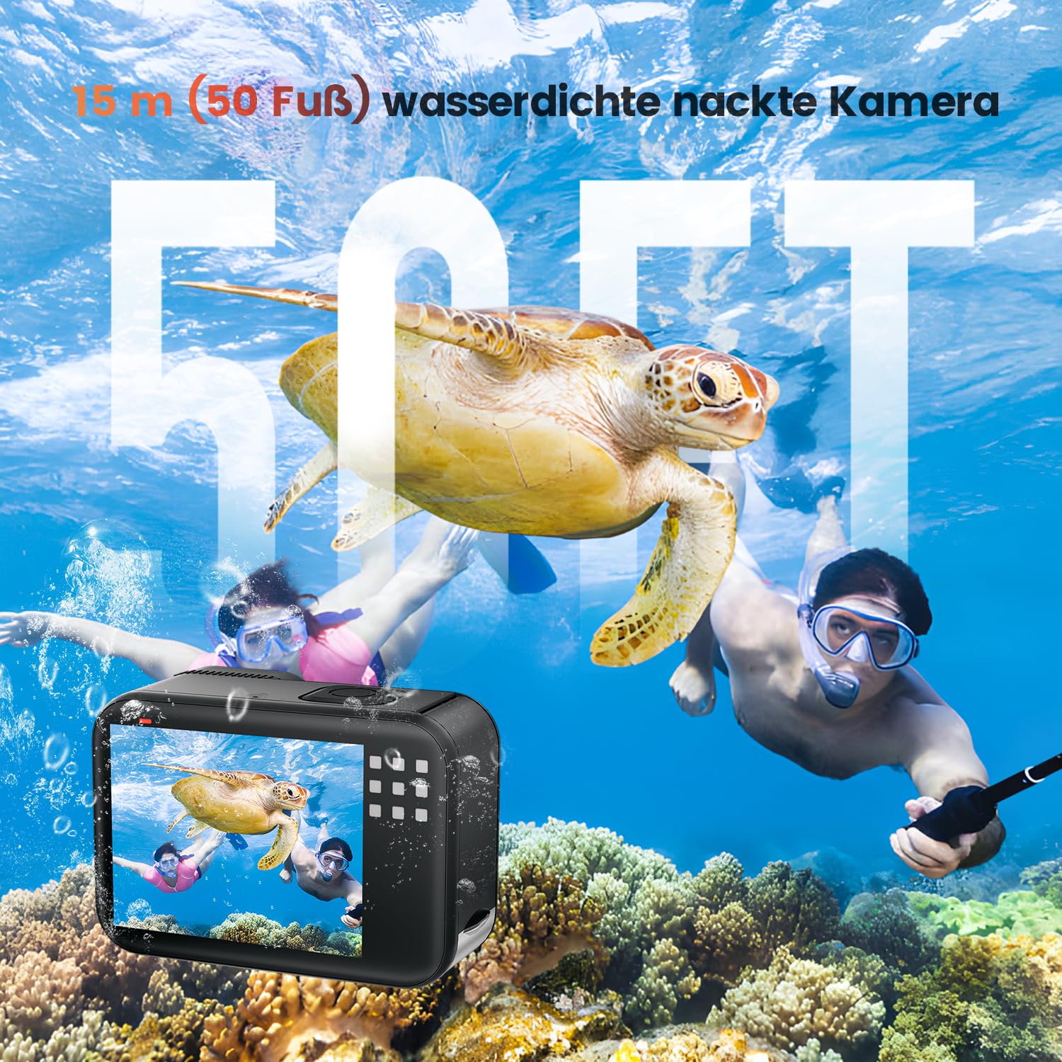 4K 60FPS 48MP Action Cam, 50FT Unterwasserkamera mit Touchscreen, wasserdichte Kamera, EIS Stabilisierung Helmkamera mit 64GB Karte, 8X Zoom 170°Weitwinkel WiFi Action Kamera Akku (64GB)