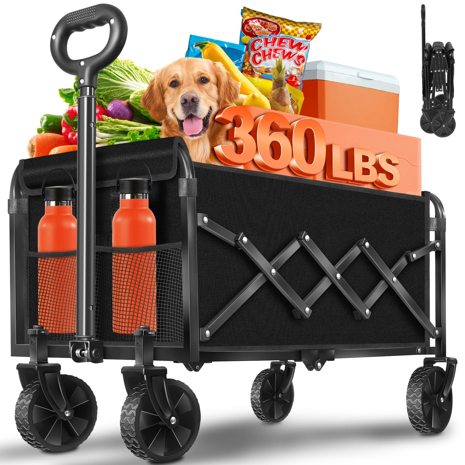 Wagons Carts Foldable, Collapsible Wagon, Foldable Wagon Cart with Wheels, Folding Wagons for Beach Camp Sports Garden, 2 Cup Holders/Lightweight Portable/Black/360 LBS