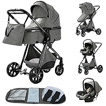 YAZOCO Passeggino Trio, 3 in 1 Carrozzina Multifunzionale Carrozzina Ovetto Pieghevole Set Passeggino Neonato Sedili Parapiedi Zanzariere