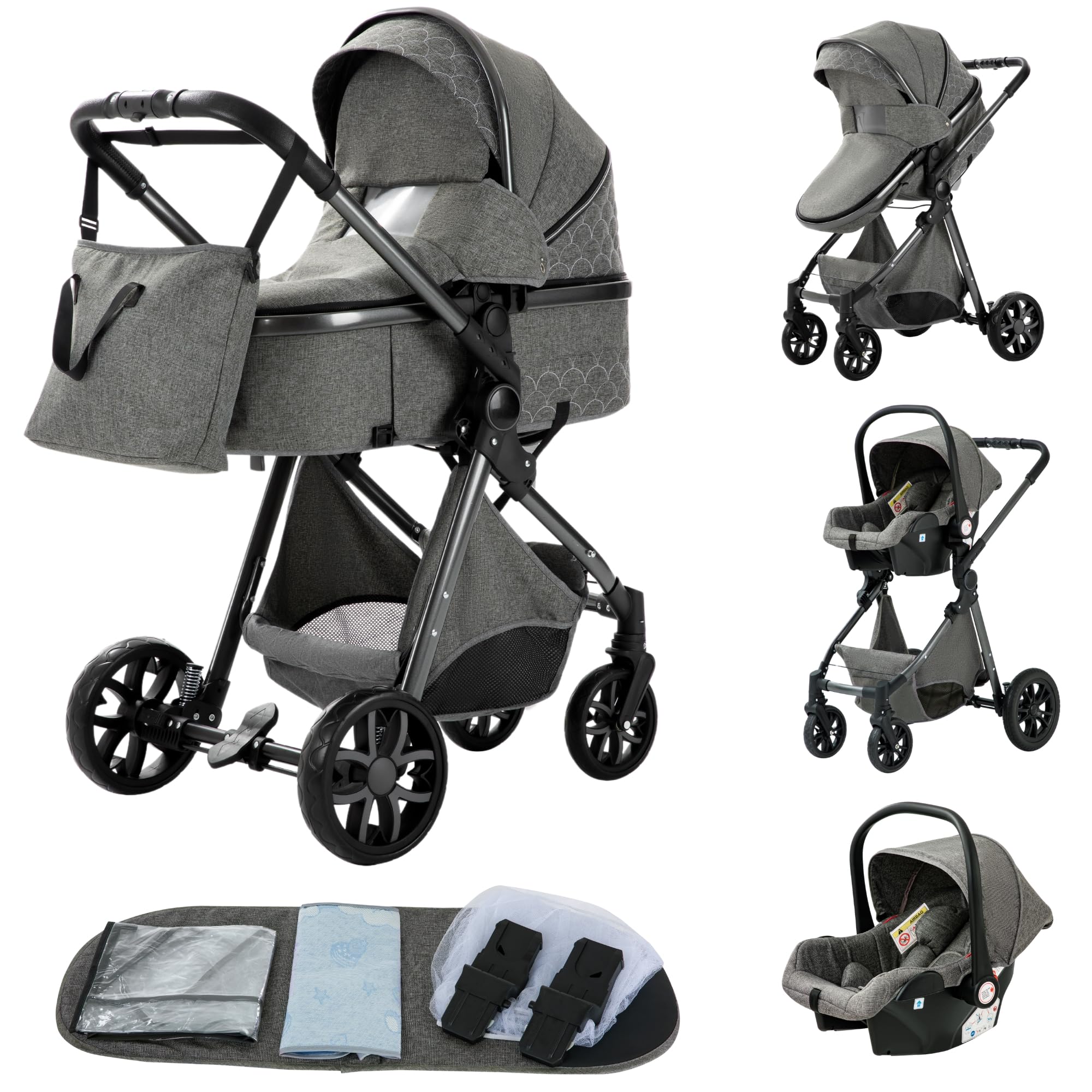 YAZOCO Carrito de Bebé 3 en 1, Plegable Carricoche de 3 Piezas, Cambiador, Cubrepiés, Mosquiteros, Cubiertas de Lluvia, Accesorios de Asiento (L V9 Gris oscuro)
