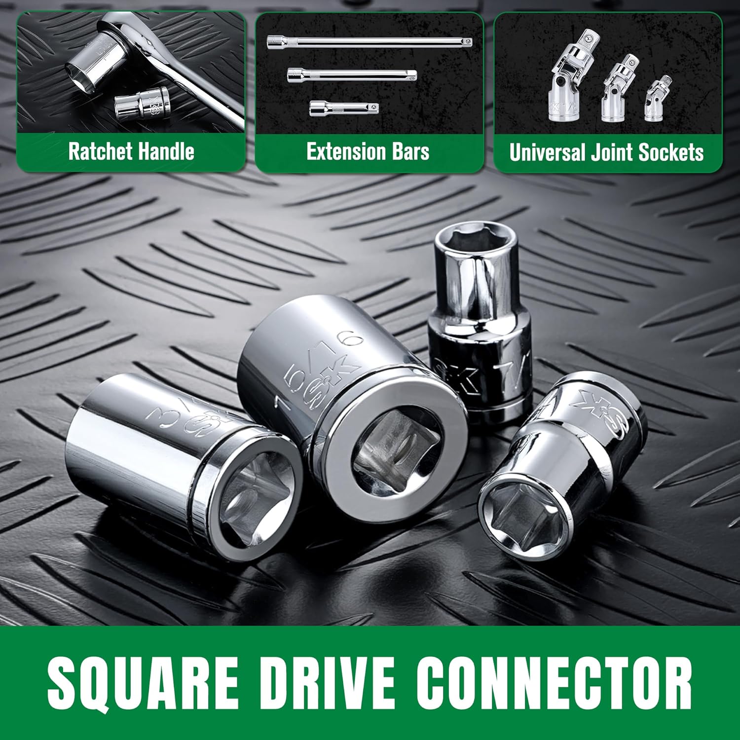 SK 1/2" Drive Socket Set, SAE Sockets, 11-Piece 7/16" to 1-1/16", SuperKrome Finish, Premium CR-V Construction, with Aluminum Socket Organizer