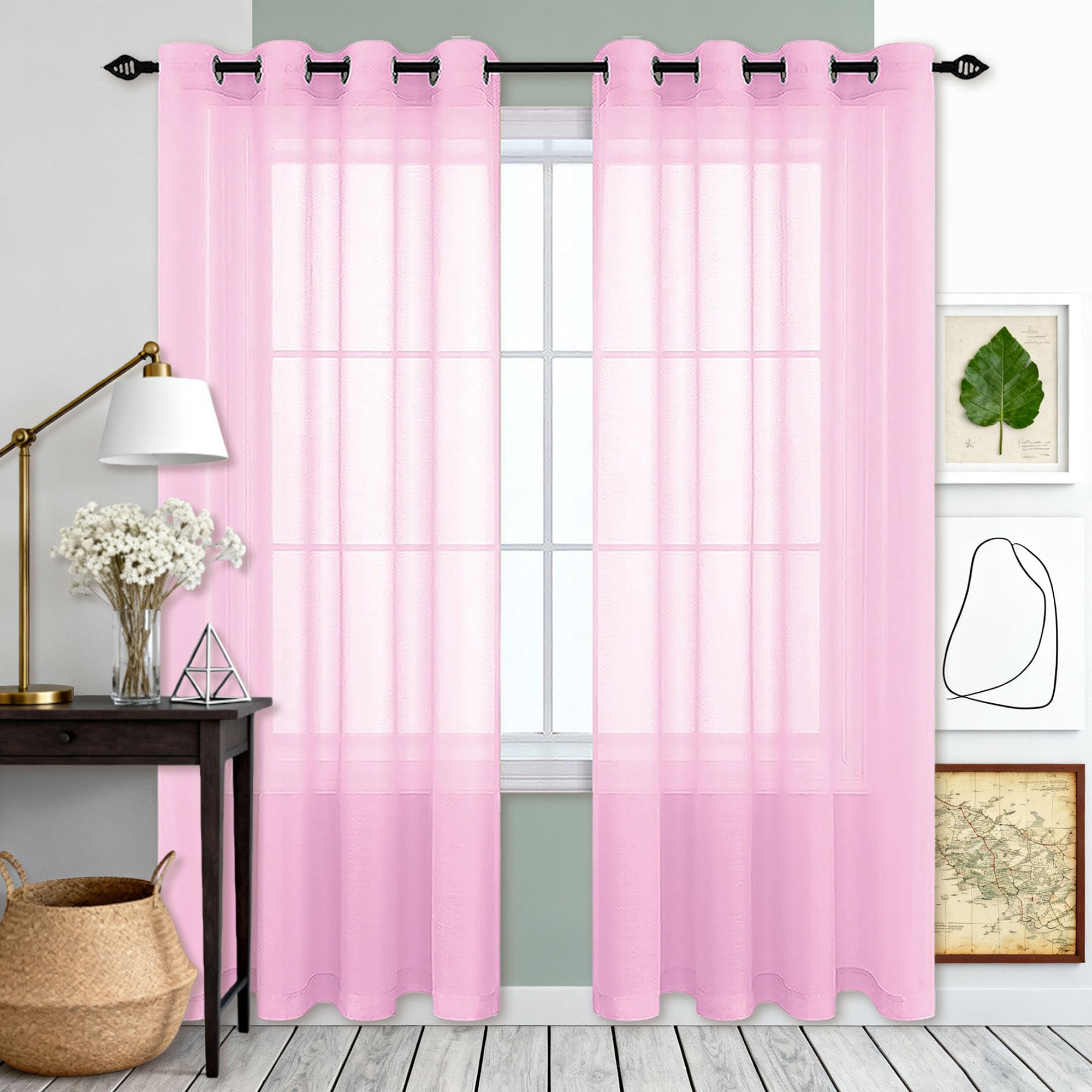 Rideau voilage rose 290x155 cm transparent à oeillets pour fenêtre