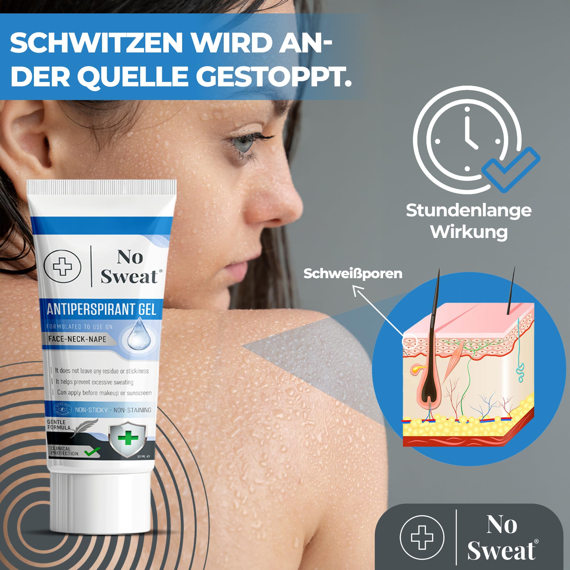 No Sweat Gel antitranspirante facial 50 ml. Para cara, cuello y nuca, ayuda a prevenir el exceso de sudoración y brillo, ideal para trabajo activo y gimnasio