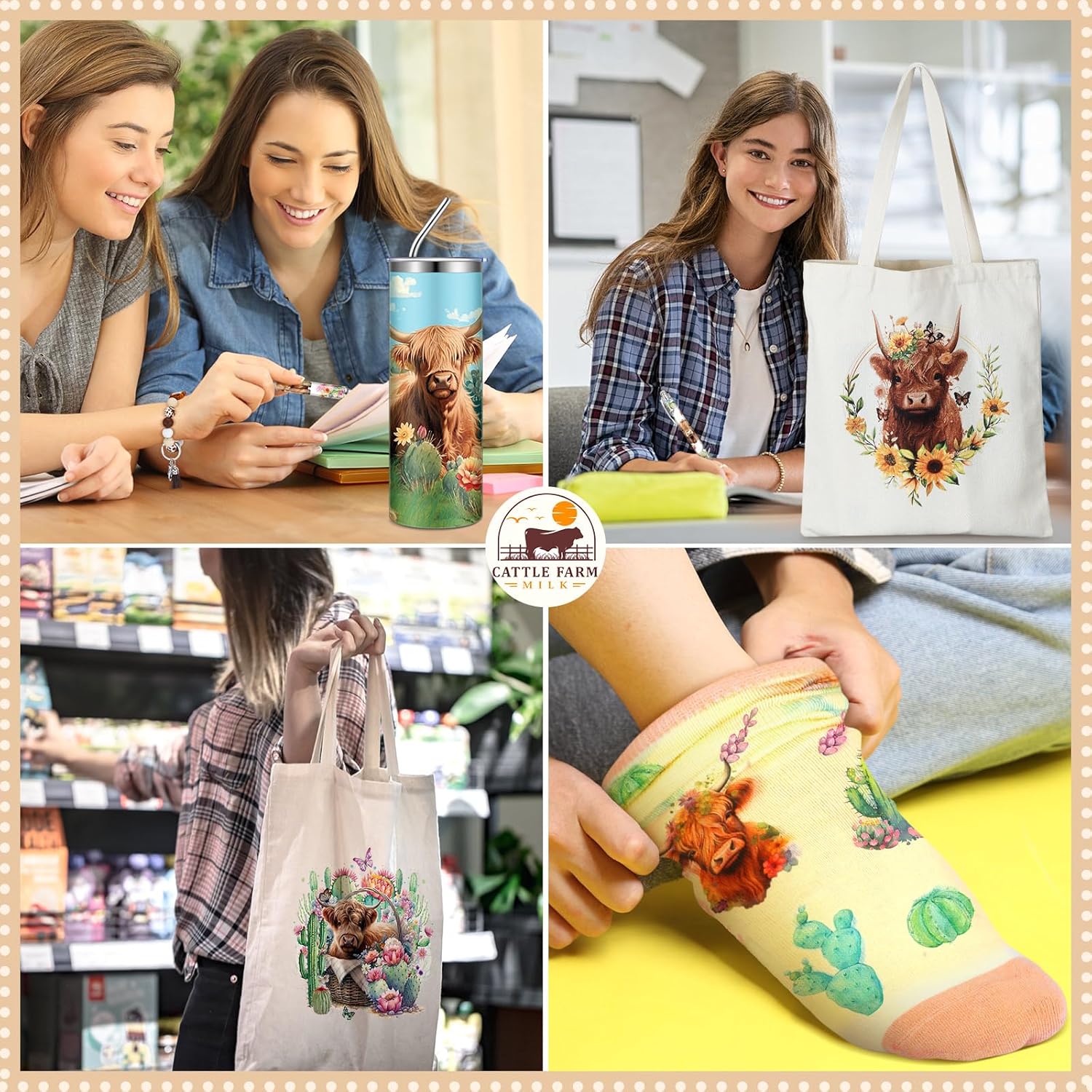 Skylety 5 Pcs Highland Cow Gifts Set for Women 20 oz Tumbler Floral Canvas Bag Pen Socks Silicone Keychain for Mom Sister Cow Lover Cute Christmas Birthday Gifts(Cactus) - Image 5