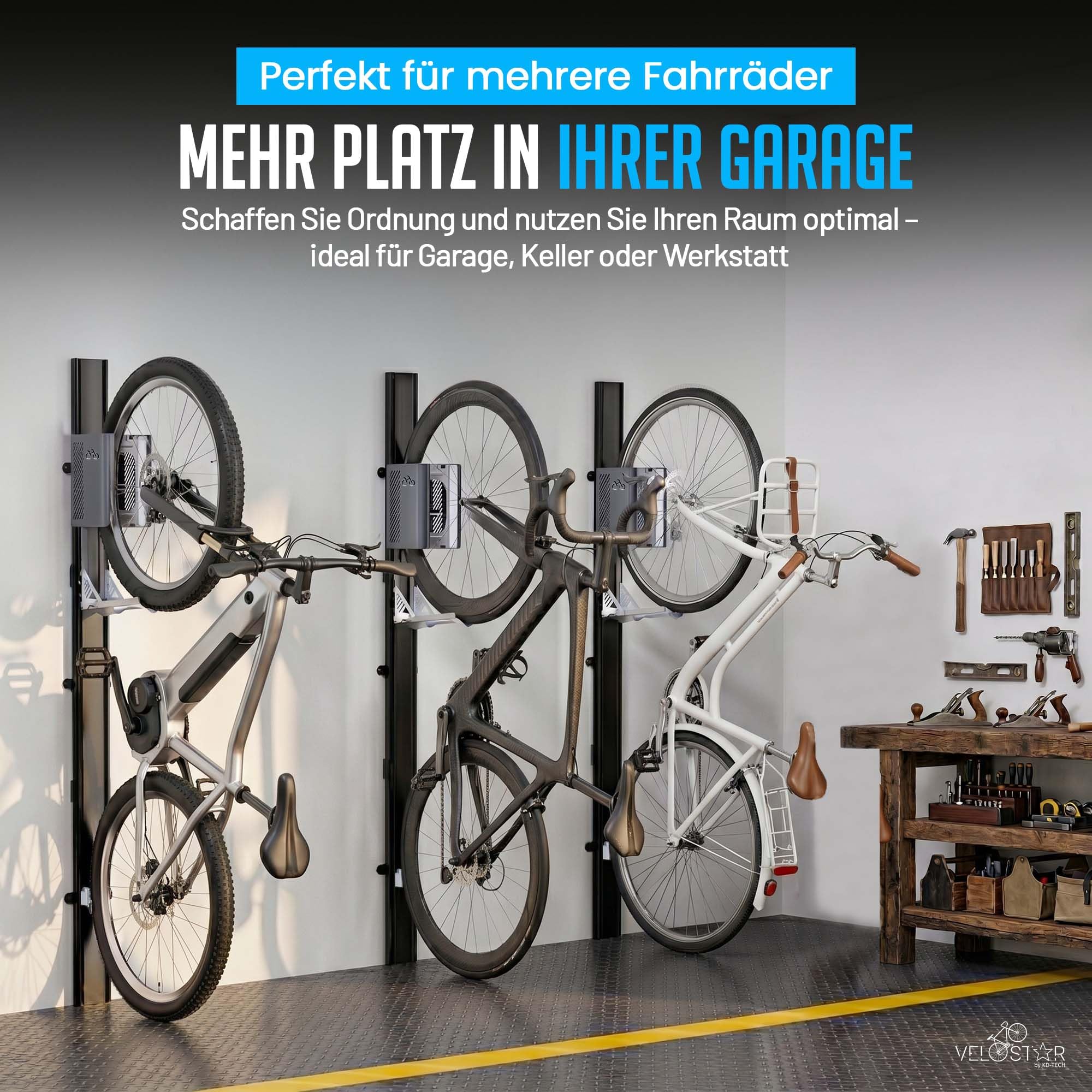 Fahrradlift für Garage von Velostar by 32 kg Fahrradwandhalterung Fahrrad Lift mit Sicherheitsbremse & Arretierung Fahrradhalter platzsparend für E-Bike geeignet inkl. Fischer Dübel