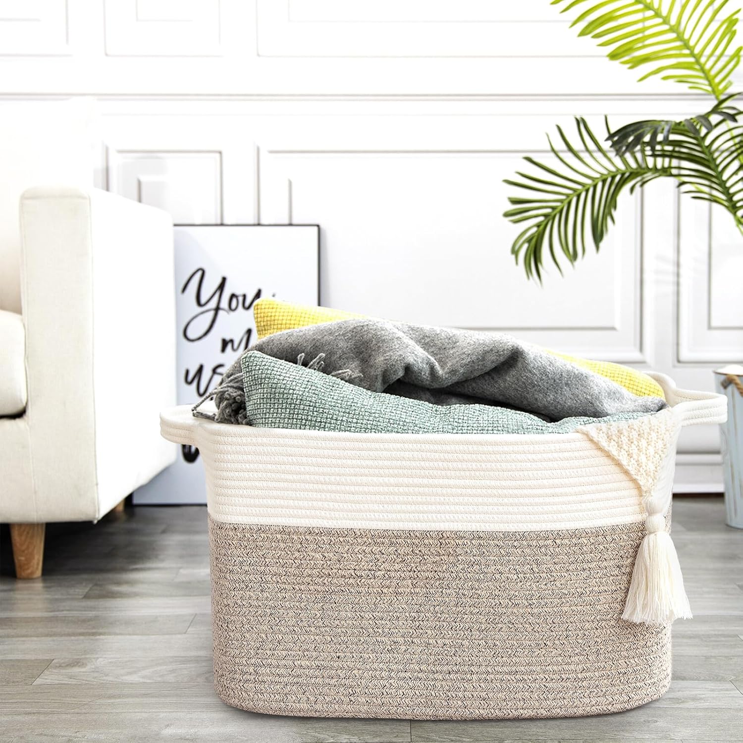 Large Blanket Basket, 60L Storage Baskets for Organizing, Woven Laundry Basket for Blankets, Cotton rope Blanket Storage for Living Room, Nursery Room, 19.7" L x 15.74" W x 11.8" H, Brown - Image 4