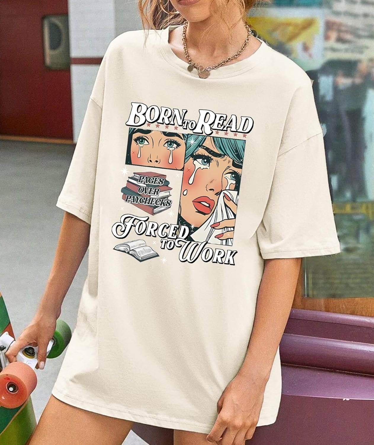 Book Shirts for Women Oversized Born to Read Vintage Bookish Shirt Funny Teacher Tees Book Lover Short Sleeve Tops - Image 6