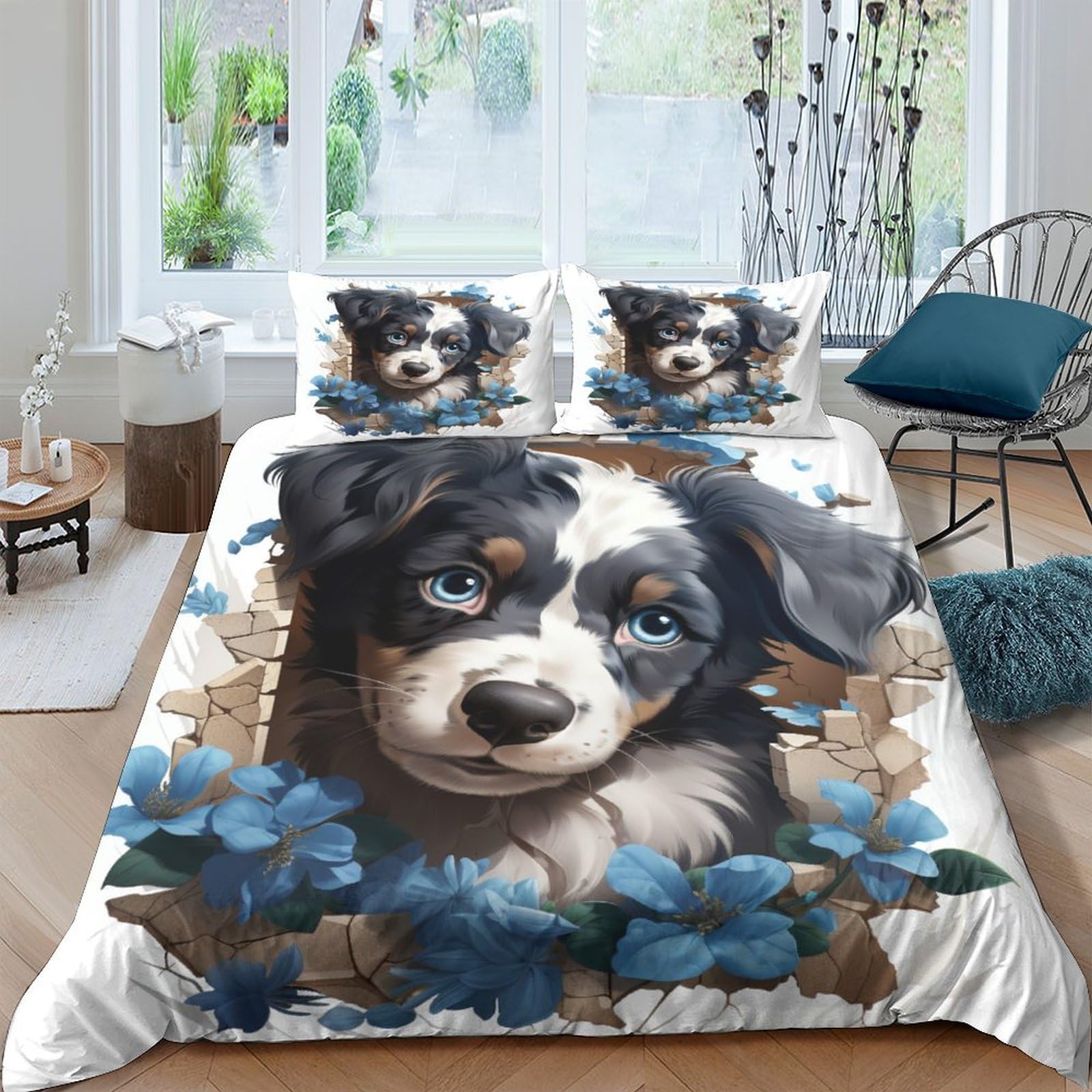 Housse de couette chien 200x200 cm avec ses 2 taies d'oreiller imprimées en microfibre ICOBES