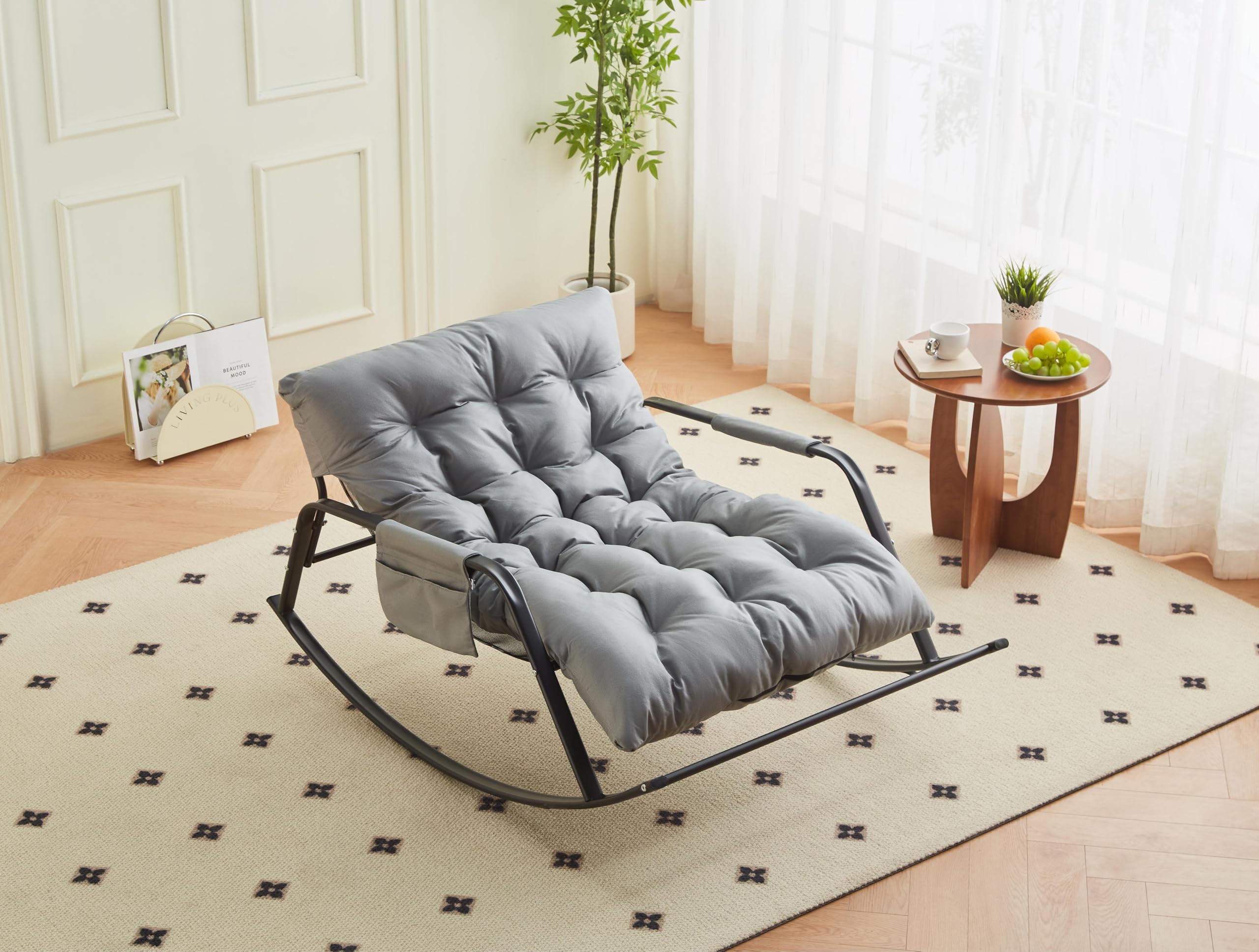 AYJOIR Rocking Chair, Extra-Wide Technical Leather Upholstered Gliding Reclining Chair, Modern Lounger for Living Room Nursery Bedroom Outdoor (Grey)