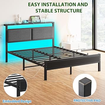 4FT6 Small Double Bed Frame with Storage Headboard, Black