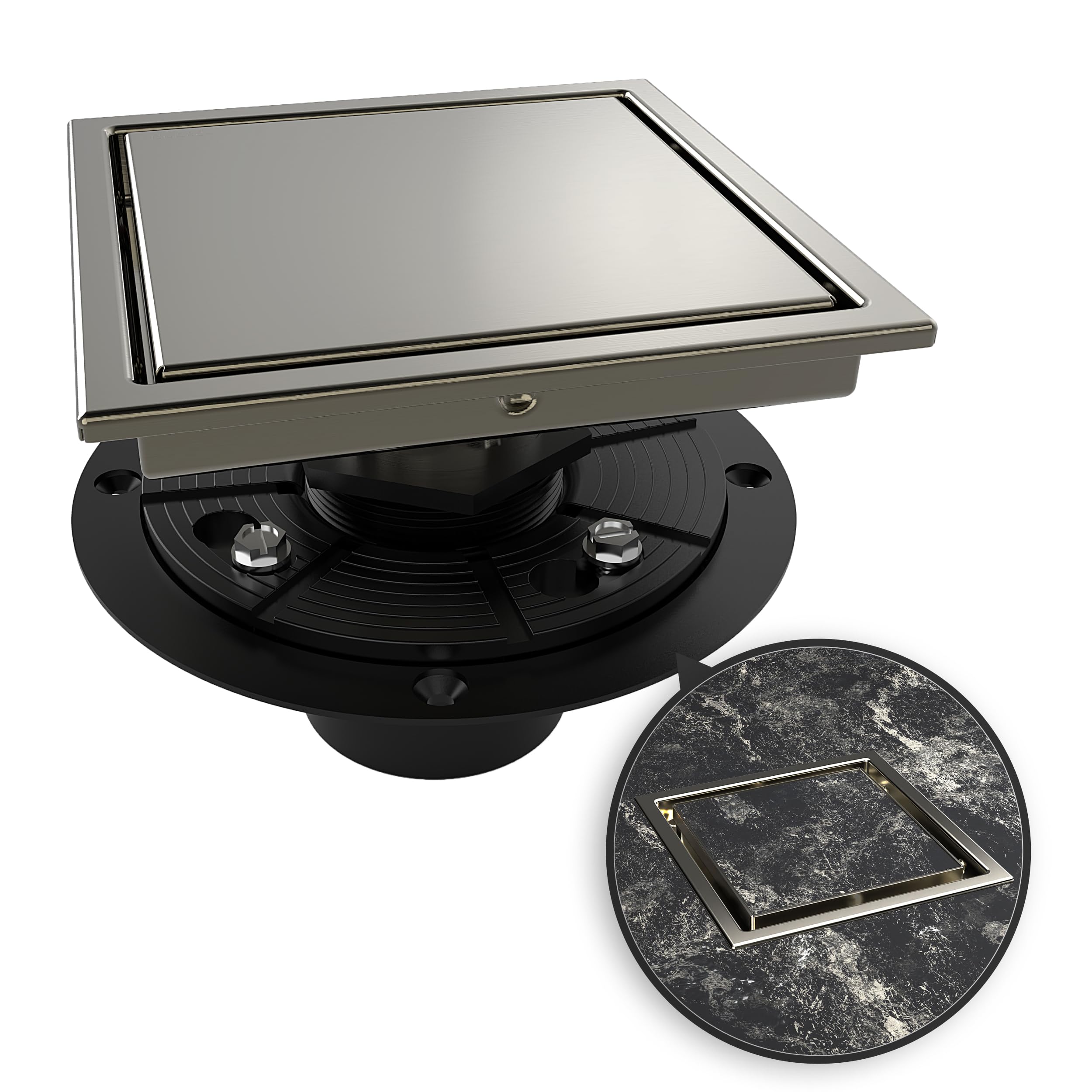 Photo 1 of *MISSING PARTS - see clerk notes*
WEBANG 6 Inch Square Shower Drain Nickel Floor Drain with Flange Reversible 2-in-1 Cover Tile Insert Grate Removable SUS304 Stainless Steel CUPC Certified Brushed Nickel